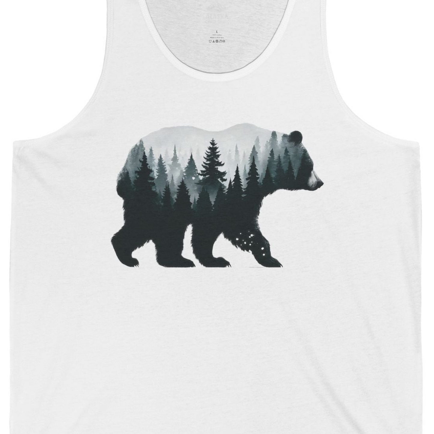 Double Exposure Bear Forest Silhouette Wilderness Shirt for Nature Lovers — Tank Top Tank Top – White – Alaska Cruise Shirts Close Up