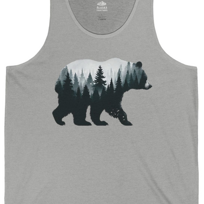 Double Exposure Bear Forest Silhouette Wilderness Shirt for Nature Lovers — Tank Top Tank Top – Athletic Heather – Alaska Cruise Shirts Close Up