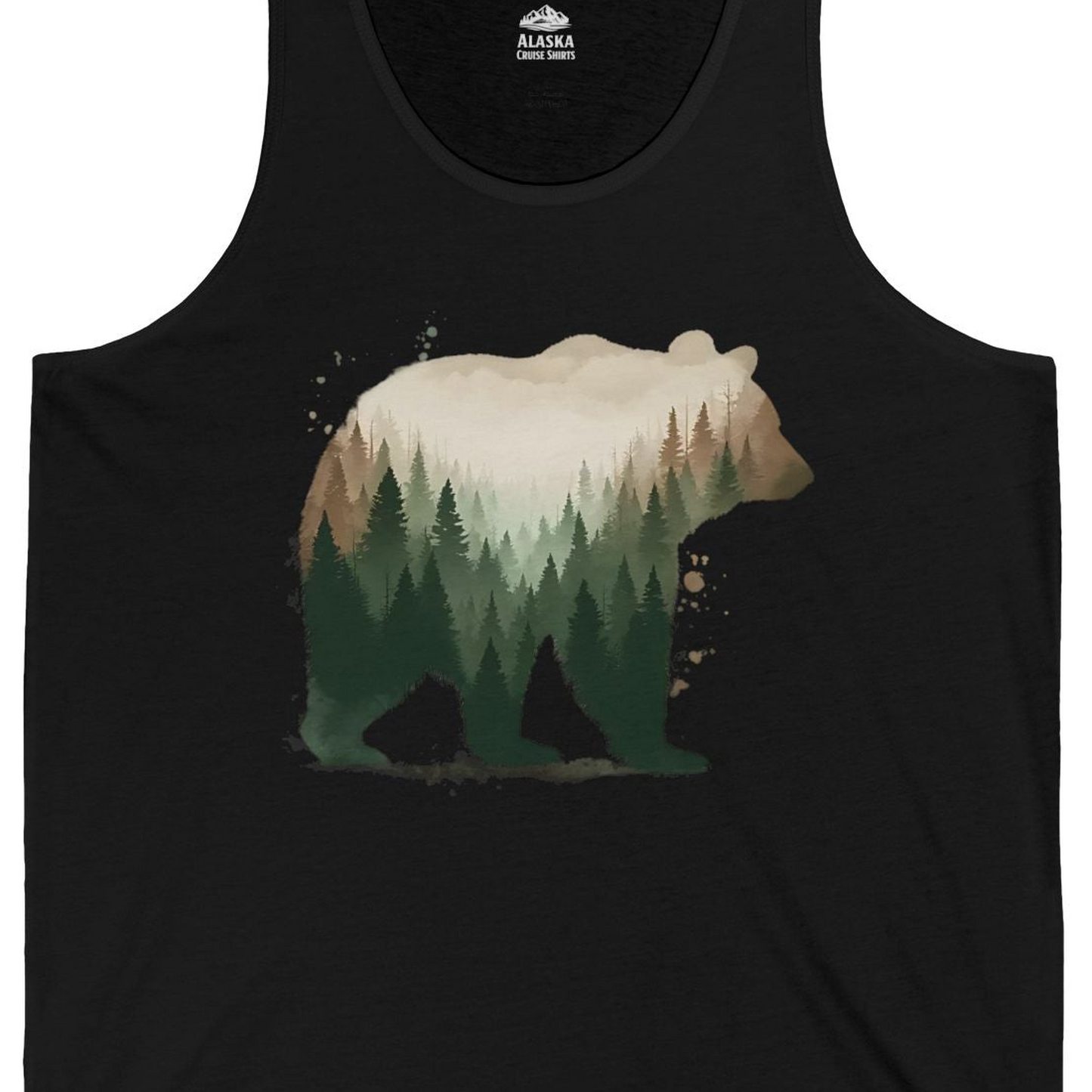 Double Exposure Bear Forest Shirt Tank Top – Black – Alaska Cruise Shirts Close Up