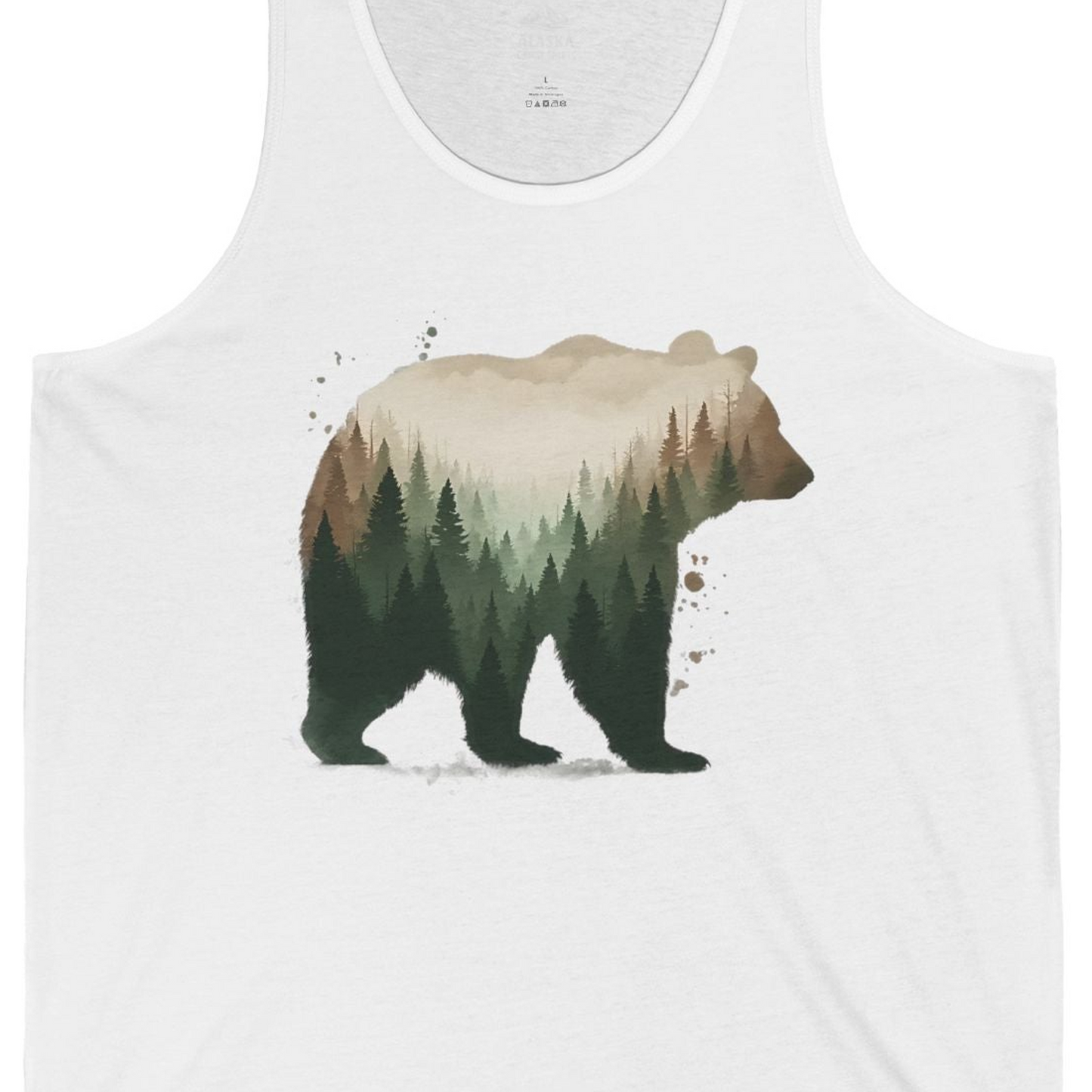 Double Exposure Bear Forest Shirt Tank Top – White – Alaska Cruise Shirts Close Up