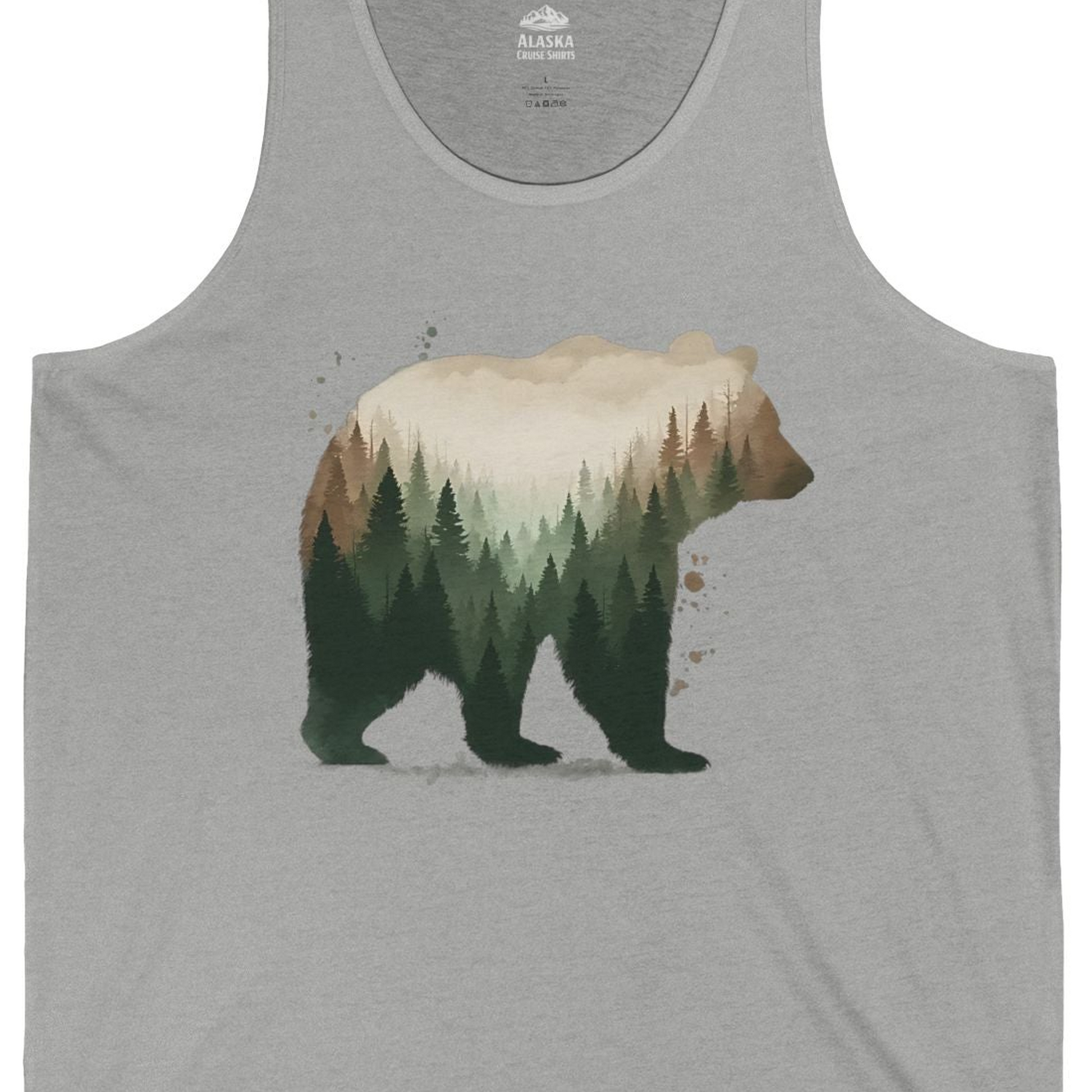 Double Exposure Bear Forest Shirt Tank Top – Athletic Heather – Alaska Cruise Shirts Close Up