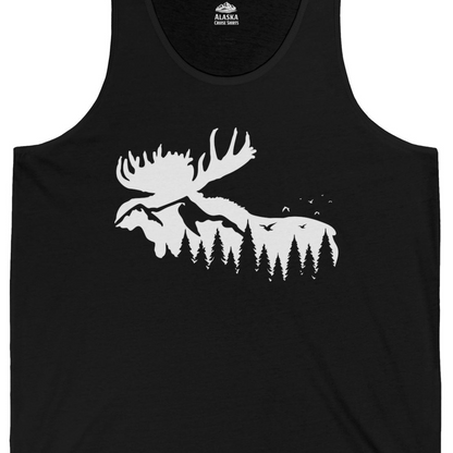 Moose Silhouette Forest Scene Shirt Tank Top – Black – Alaska Cruise Shirts Close Up
