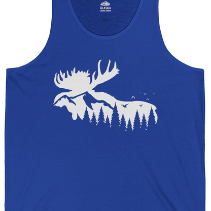 Moose Silhouette Forest Scene Shirt Tank Top – True Royal – Alaska Cruise Shirts Close Up