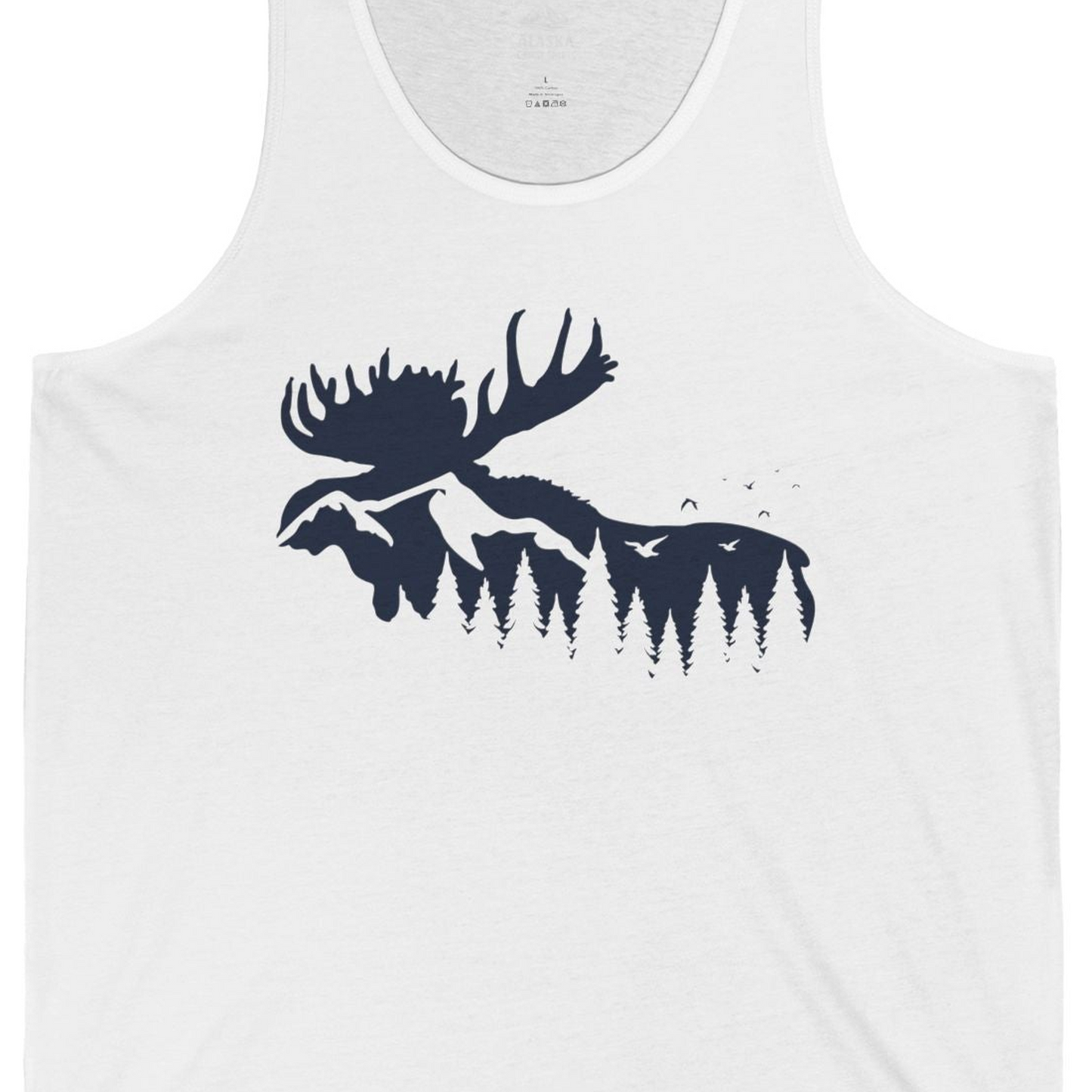 Moose Silhouette Forest Scene Shirt Tank Top – White – Alaska Cruise Shirts Close Up