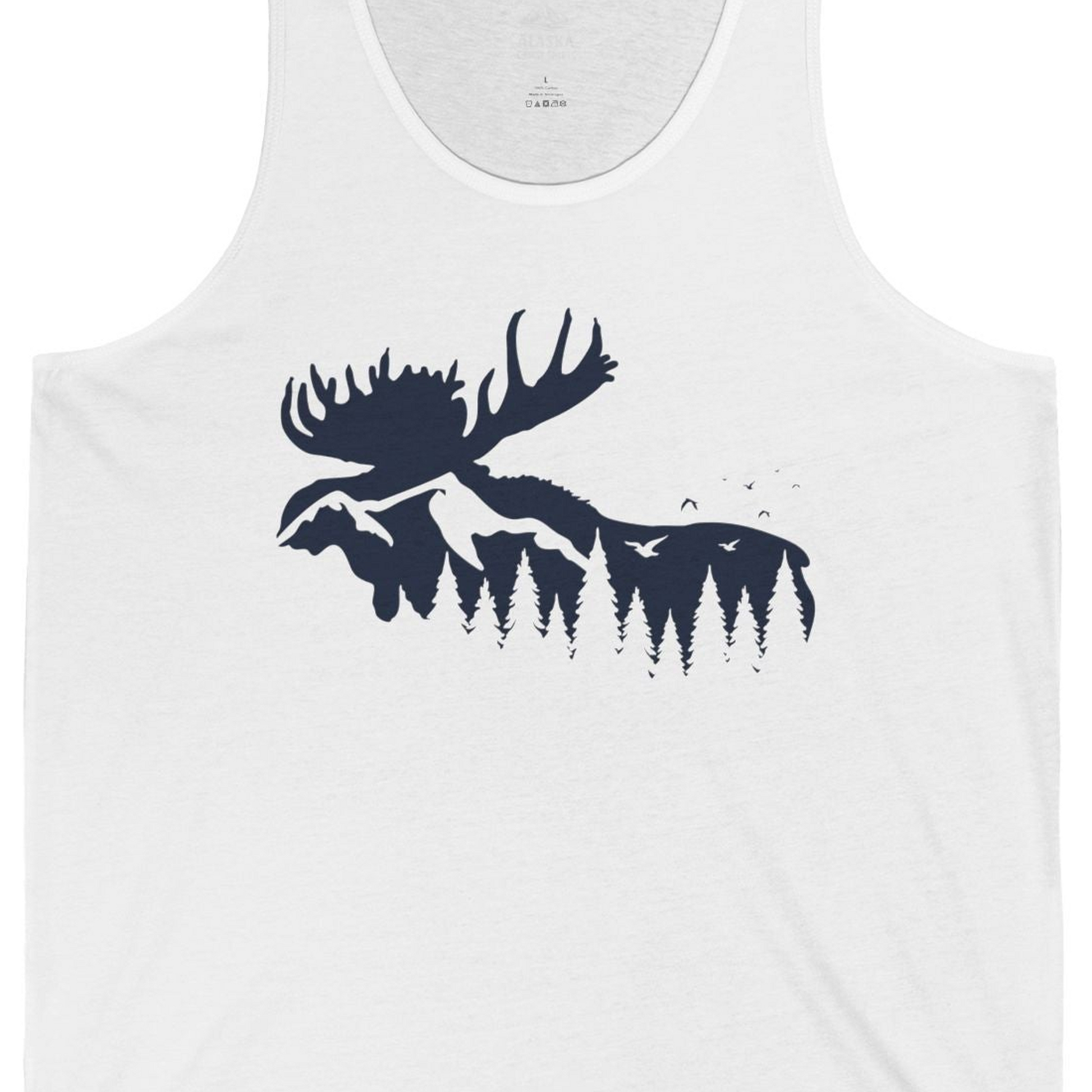 Moose Silhouette Forest Scene Shirt Tank Top – White – Alaska Cruise Shirts Close Up