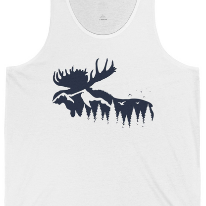 Moose Silhouette Forest Scene Shirt Tank Top – White – Alaska Cruise Shirts Close Up