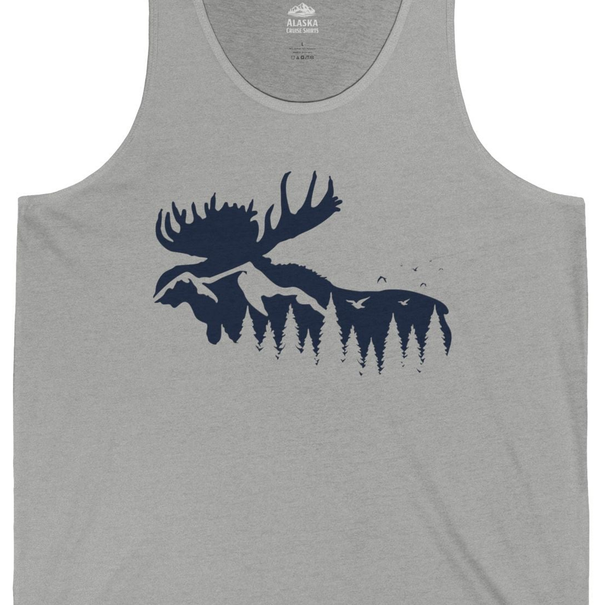 Moose Silhouette Forest Scene Shirt Tank Top – Athletic Heather – Alaska Cruise Shirts Close Up