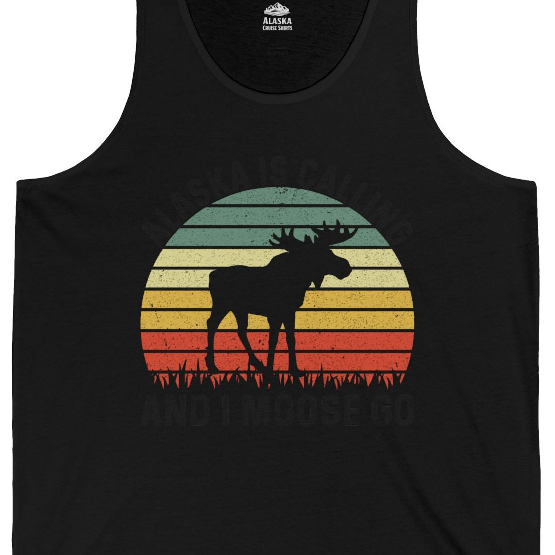 Alaska Is Calling And I Moose Go Retro Sunset Moose Graphic Shirt — Tank Top Tank Top – Black – Alaska Cruise Shirts Close Up