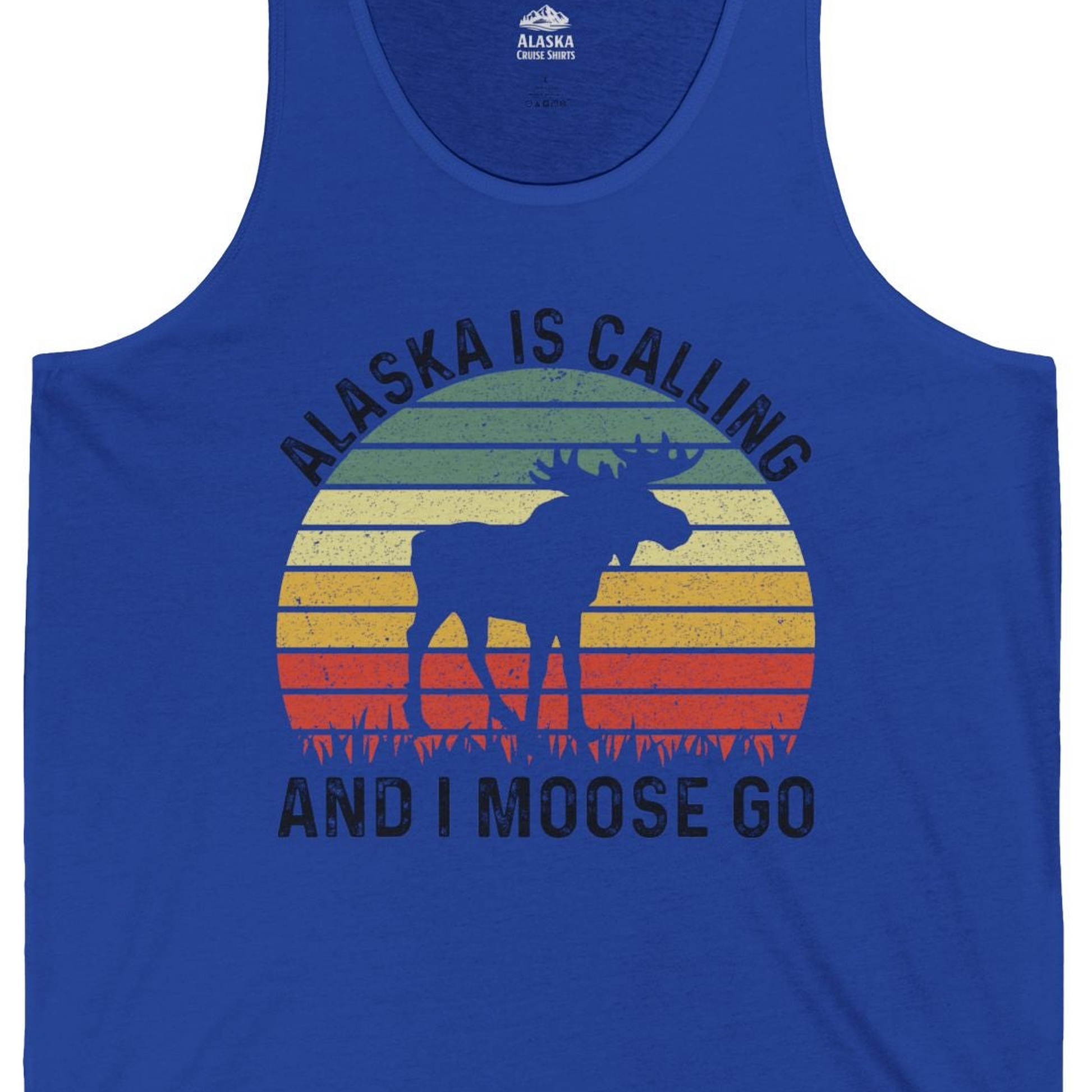 Alaska Is Calling And I Moose Go Retro Sunset Moose Graphic Shirt — Tank Top Tank Top – True Royal – Alaska Cruise Shirts Close Up