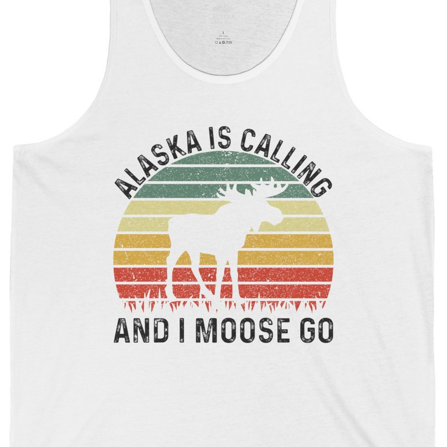 Alaska Is Calling And I Moose Go Retro Sunset Moose Graphic Shirt — Tank Top Tank Top – White – Alaska Cruise Shirts Close Up