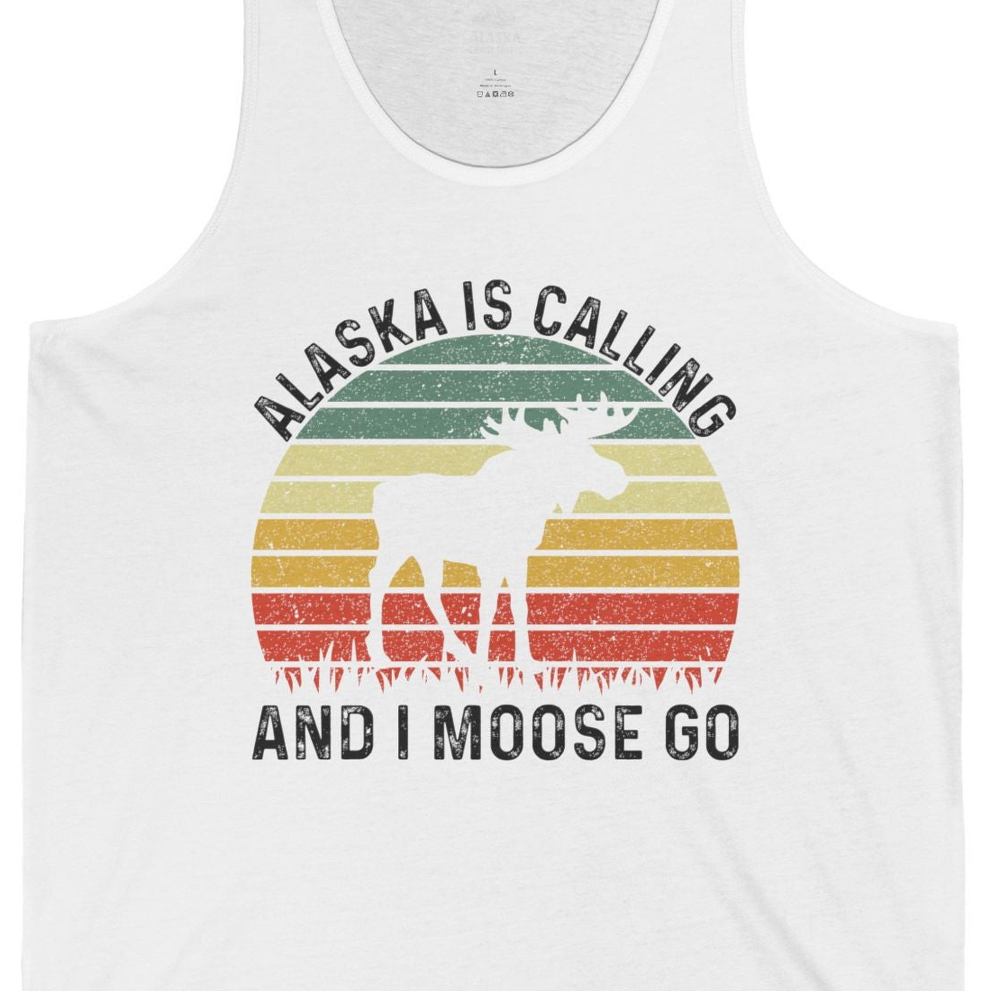 Alaska Is Calling And I Moose Go Retro Sunset Moose Graphic Shirt — Tank Top Tank Top – White – Alaska Cruise Shirts Close Up