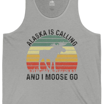 Alaska Is Calling And I Moose Go Retro Sunset Moose Graphic Shirt — Tank Top Tank Top – Athletic Heather – Alaska Cruise Shirts Close Up