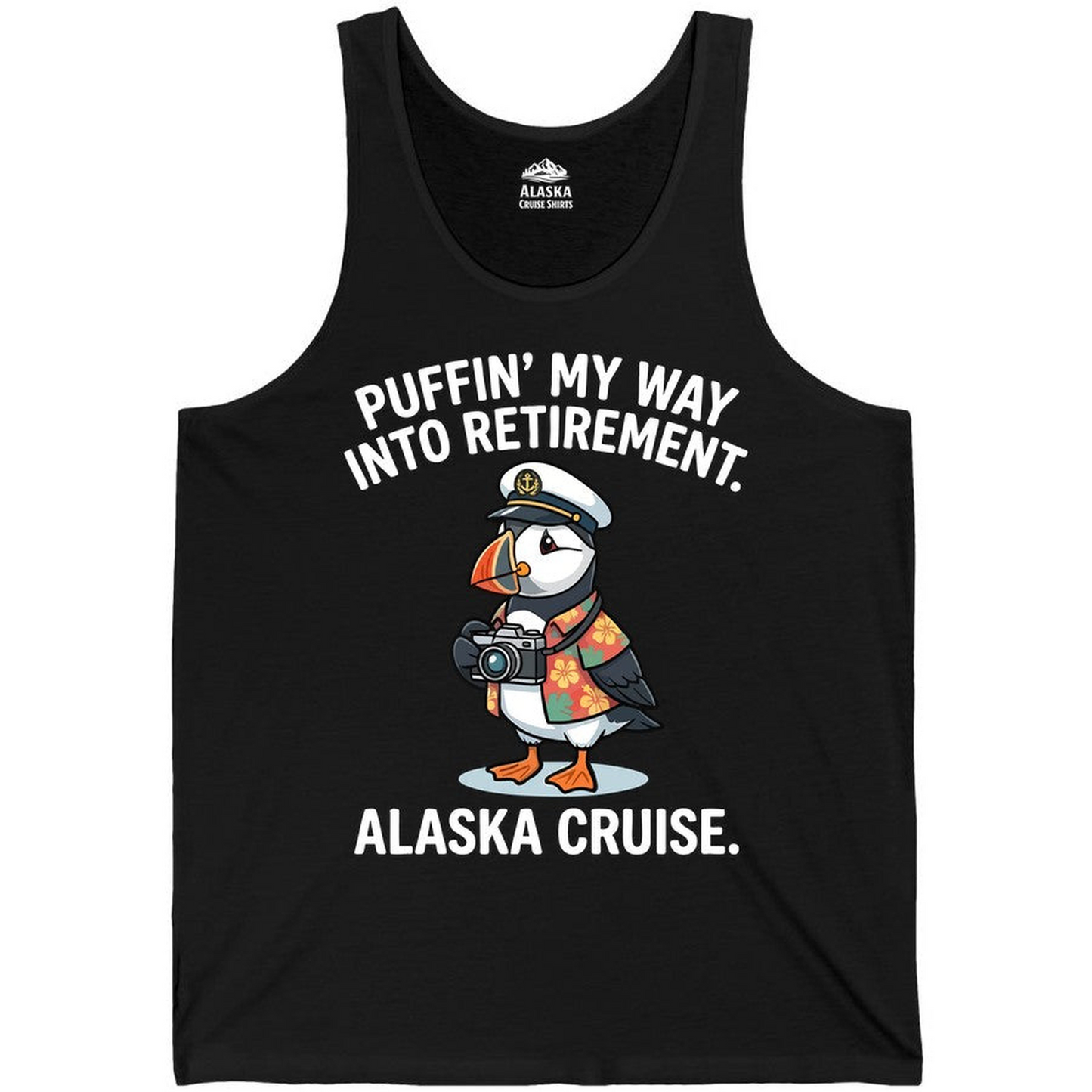 Puffin Cartoon Retirement Alaska Cruise Shirt Tank Top – Black – Alaska Cruise Shirts Close Up
