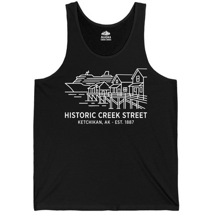 Ketchikan Creek Street Alaska Waterfront and Cruise Ship Shirt — Tank Top Tank Top – Black – Alaska Cruise Shirts Close Up