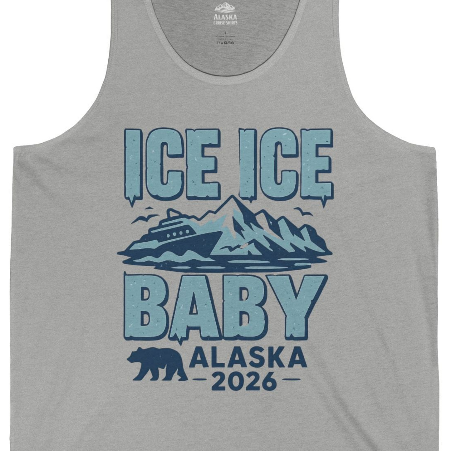 Ice Ice Baby Alaska Cruise Shirt Tank Top – Athletic Heather – Alaska Cruise Shirts Close Up