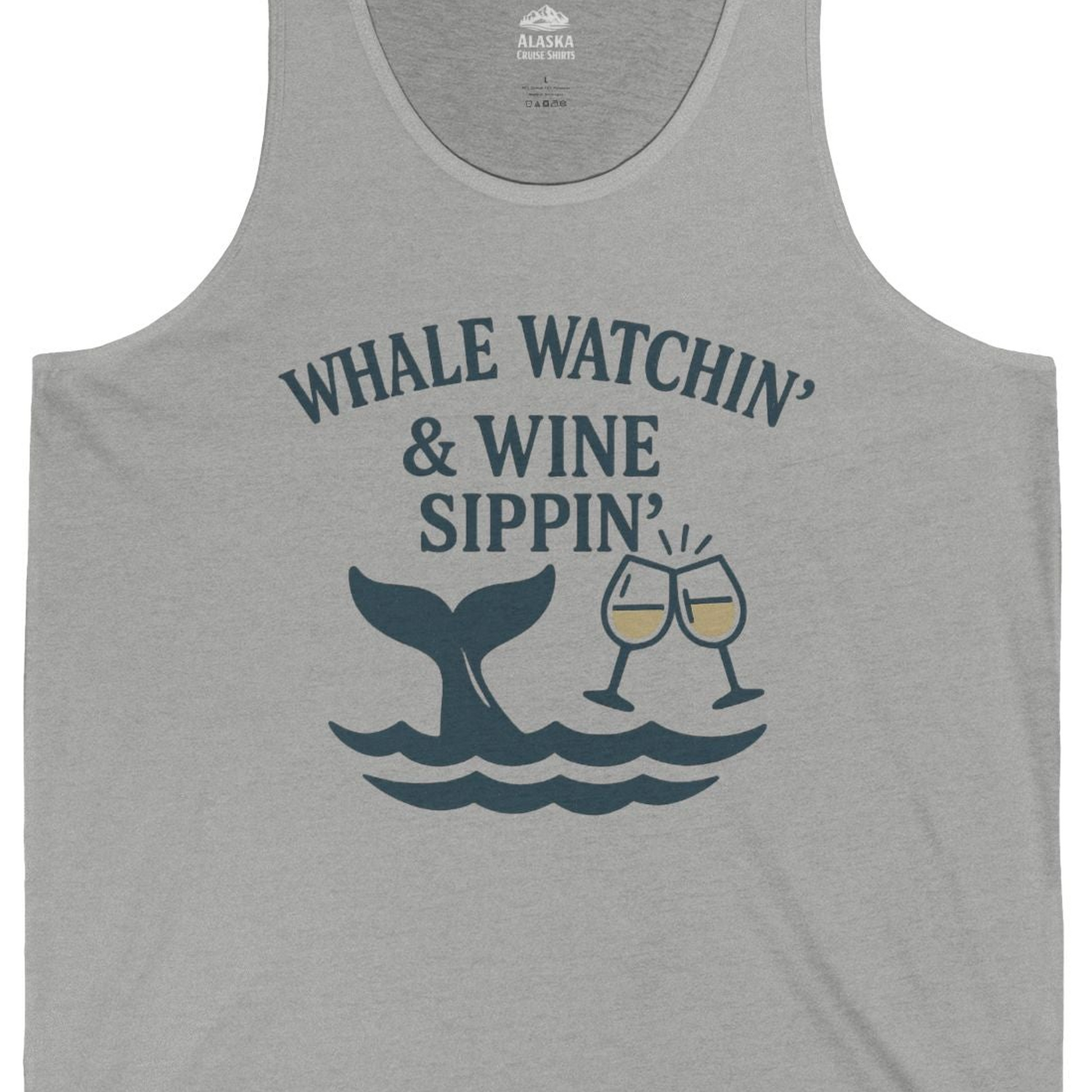 Whale Watching and Wine Sippin Shirt Tank Top – Athletic Heather – Alaska Cruise Shirts Close Up