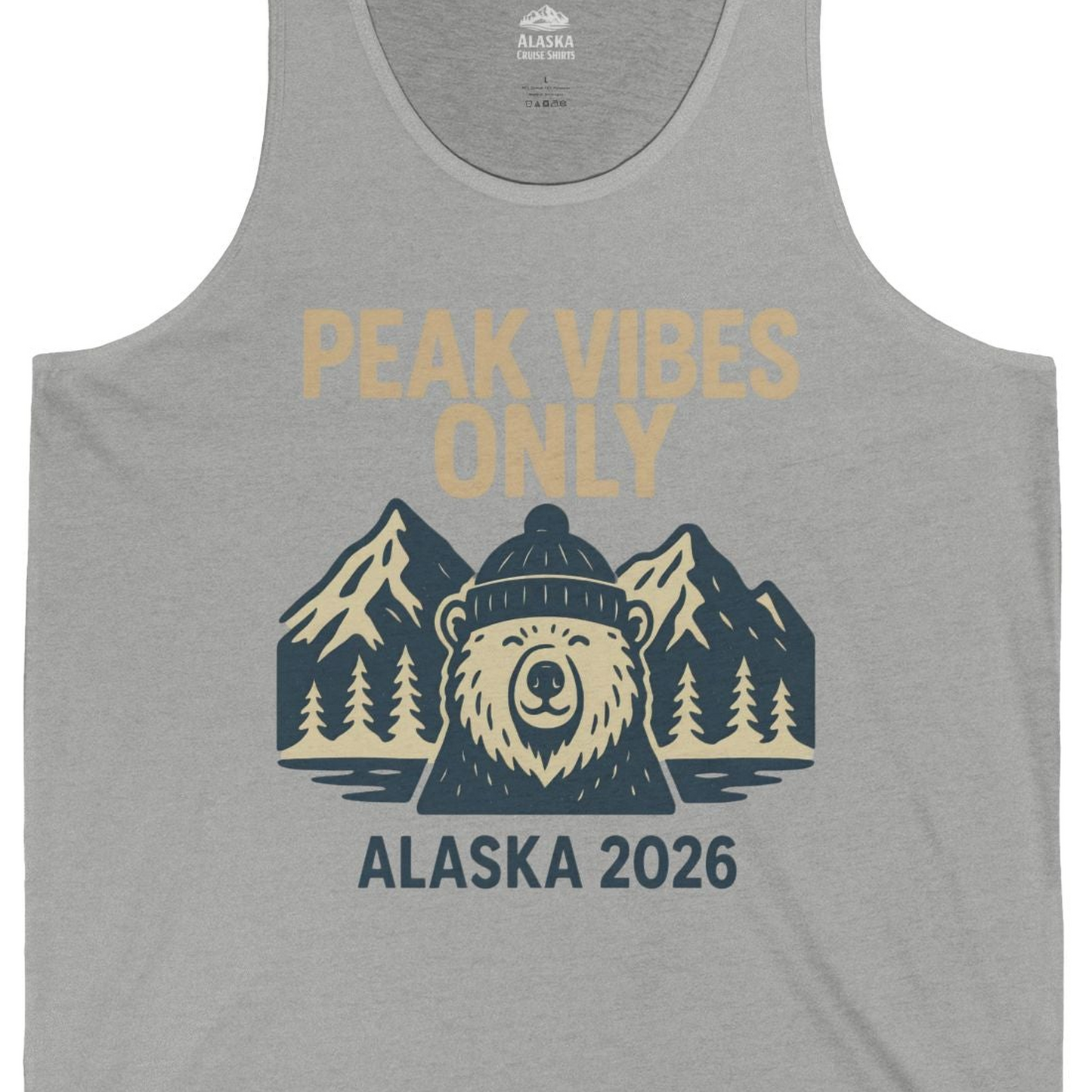 Alaska 2026 Mountain Adventure Bear Tank Top – Athletic Heather – Alaska Cruise Shirts Close Up