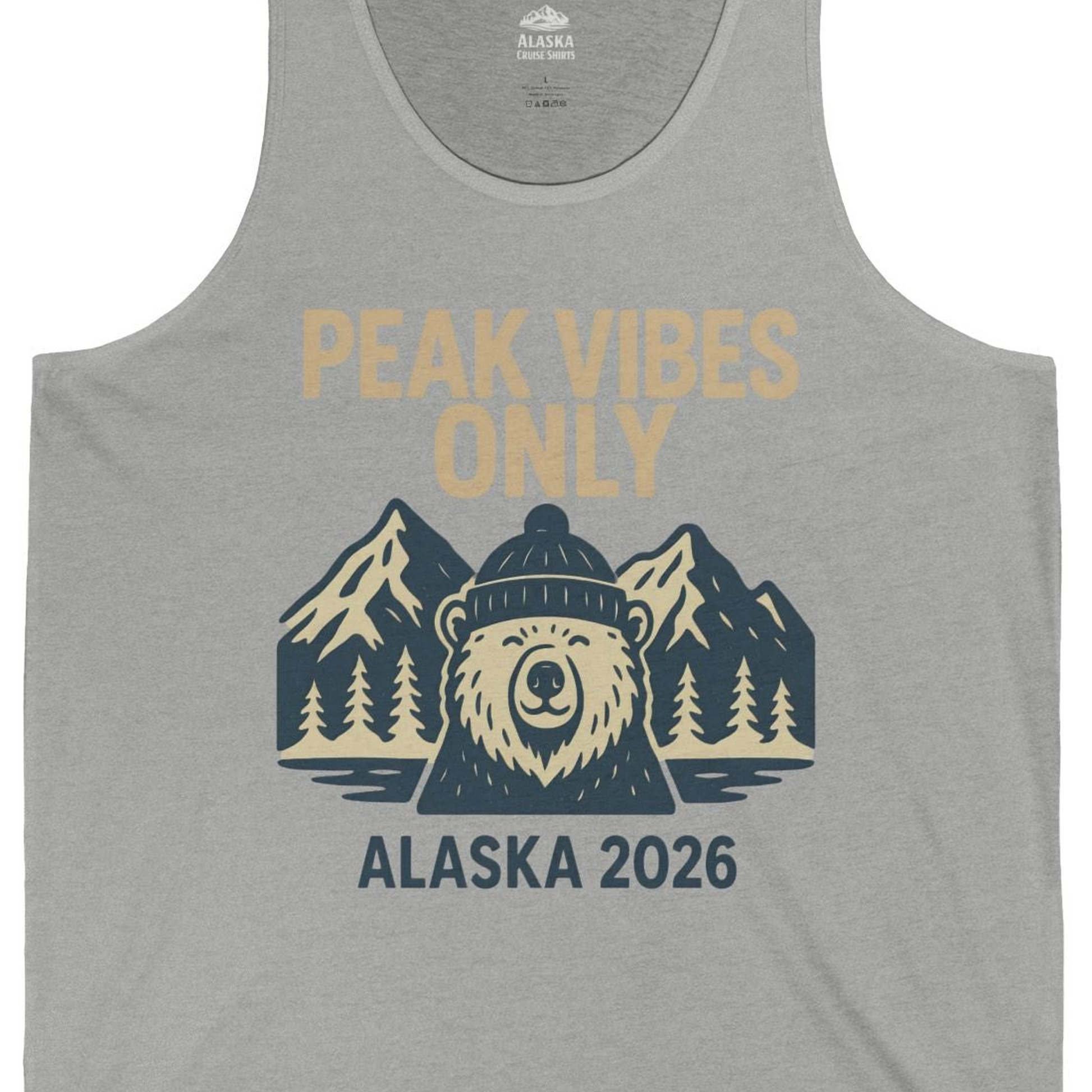 Alaska 2026 Mountain Adventure Bear Tank Top – Athletic Heather – Alaska Cruise Shirts Close Up