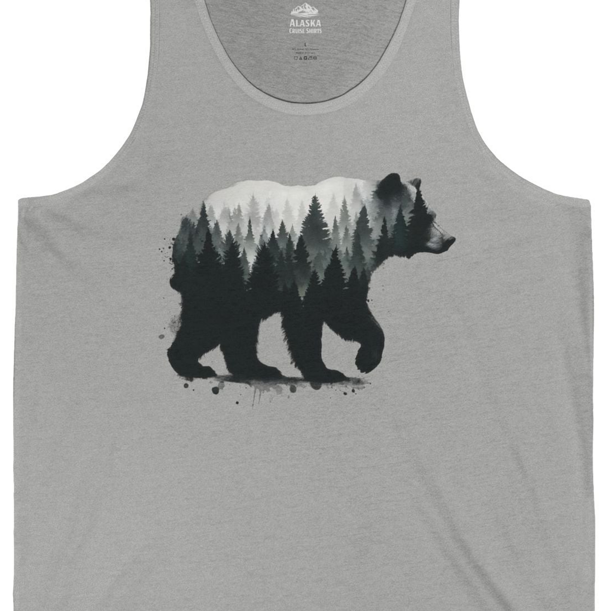 Bear Silhouette Forest Double Exposure Shirt Tank Top – Athletic Heather – Alaska Cruise Shirts Close Up