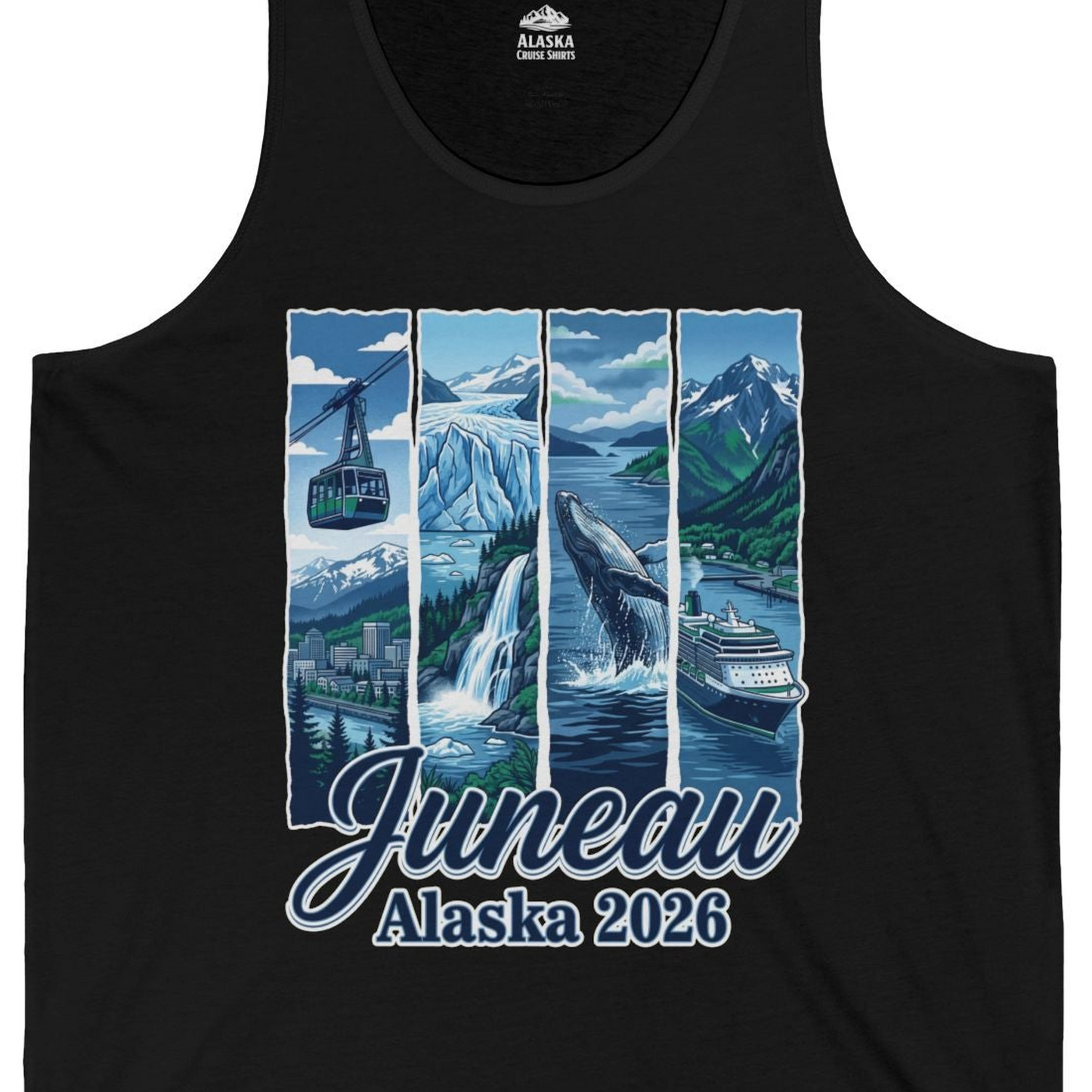 Juneau Alaska 2026 Cruise and Nature Souvenir Shirt — Tank Top Tank Top – Black – Alaska Cruise Shirts Close Up