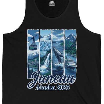 Juneau Alaska 2026 Cruise and Nature Souvenir Shirt — Tank Top Tank Top – Black – Alaska Cruise Shirts Close Up