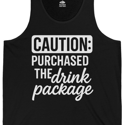 Caution Purchased Drink Package Funny Cruise Vacation T-Shirt — Tank Top Tank Top – Black – Alaska Cruise Shirts Close Up