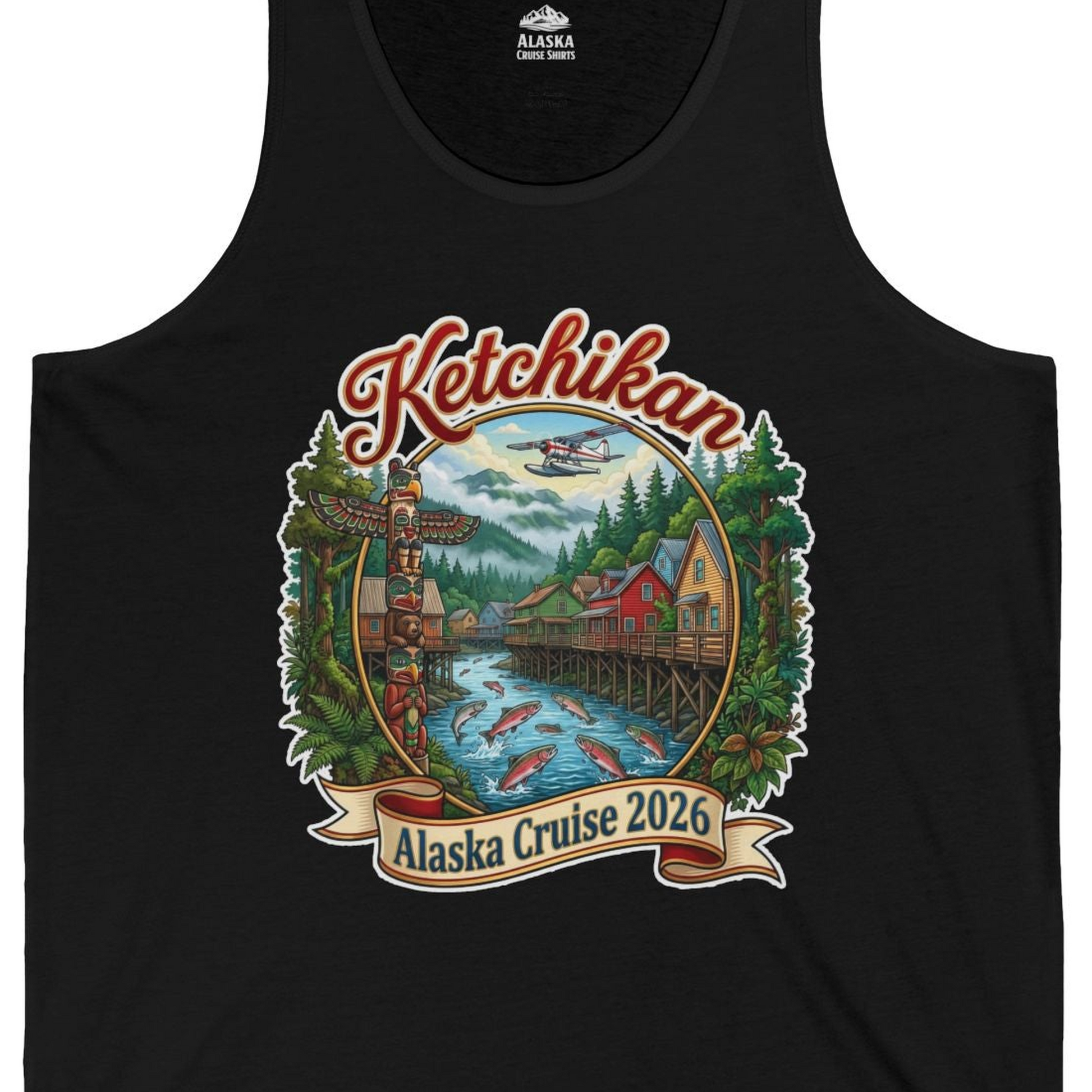 Ketchikan Alaska Cruise 2026 Vintage Souvenir Vacation Shirt — Tank Top Tank Top – Black – Alaska Cruise Shirts Close Up