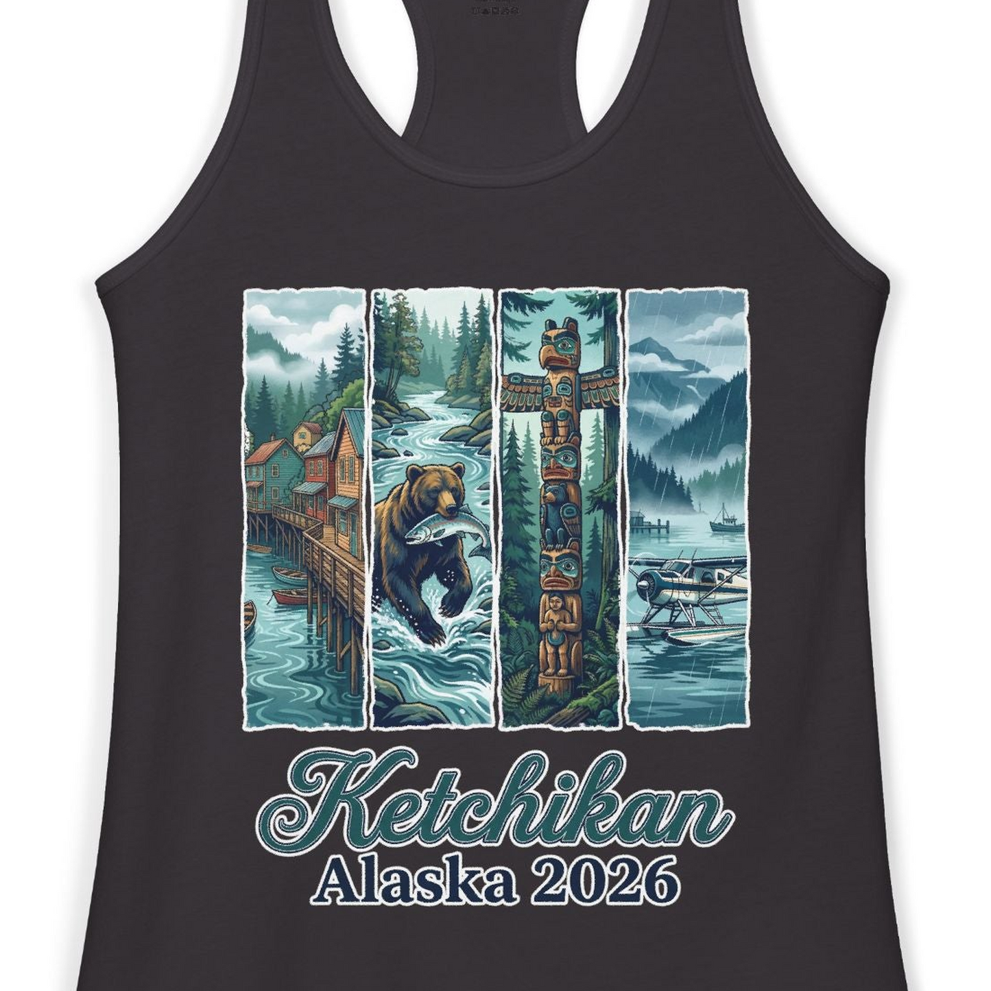 Ketchikan Alaska 2026 Scenic Nature and Totem Pole Art T-Shirt — Ladies Tank Tank Top – Black – Alaska Cruise Shirts Close Up
