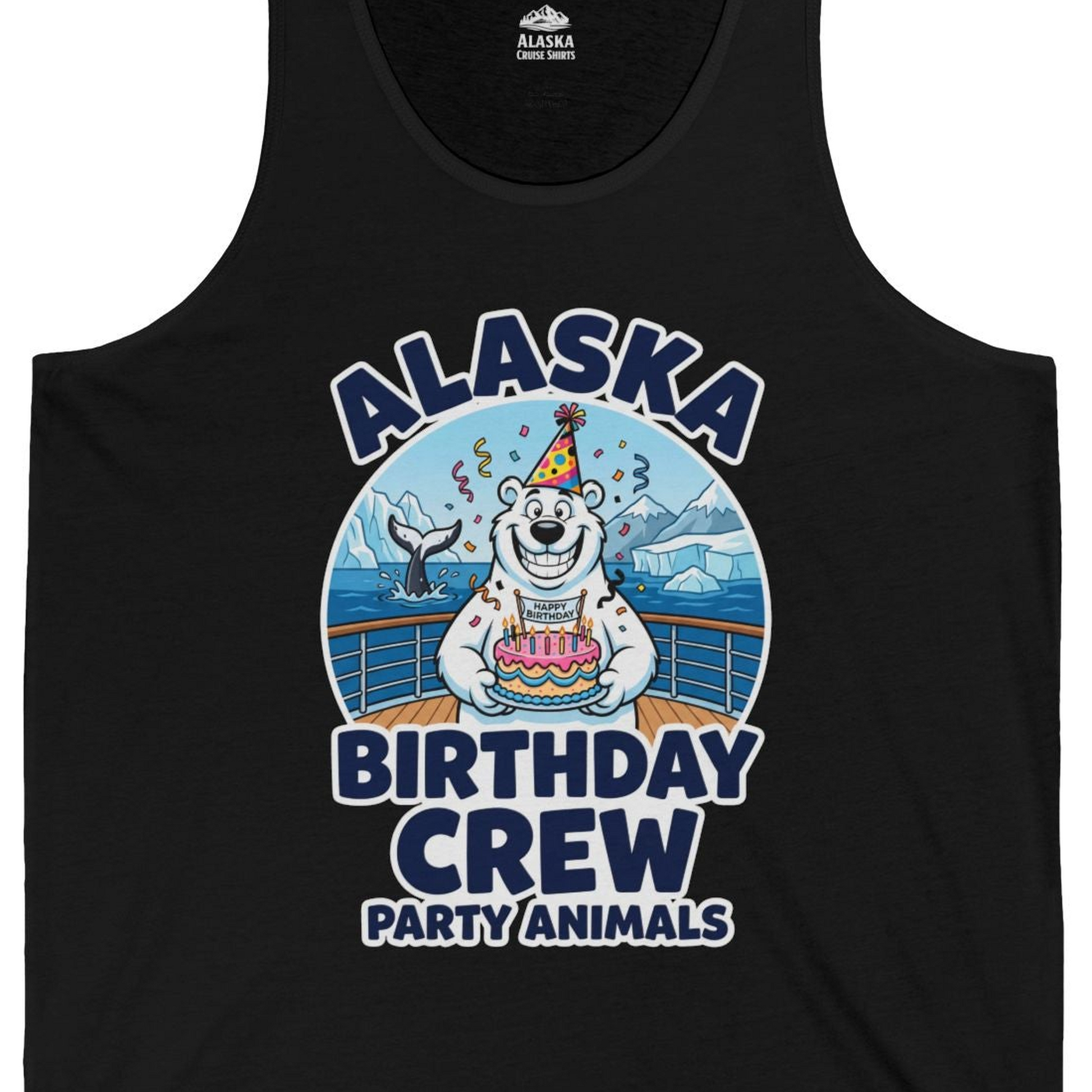 Alaska Birthday Crew Party Animals Polar Bear Cruise Shirt — Tank Top Tank Top – Black – Alaska Cruise Shirts Close Up