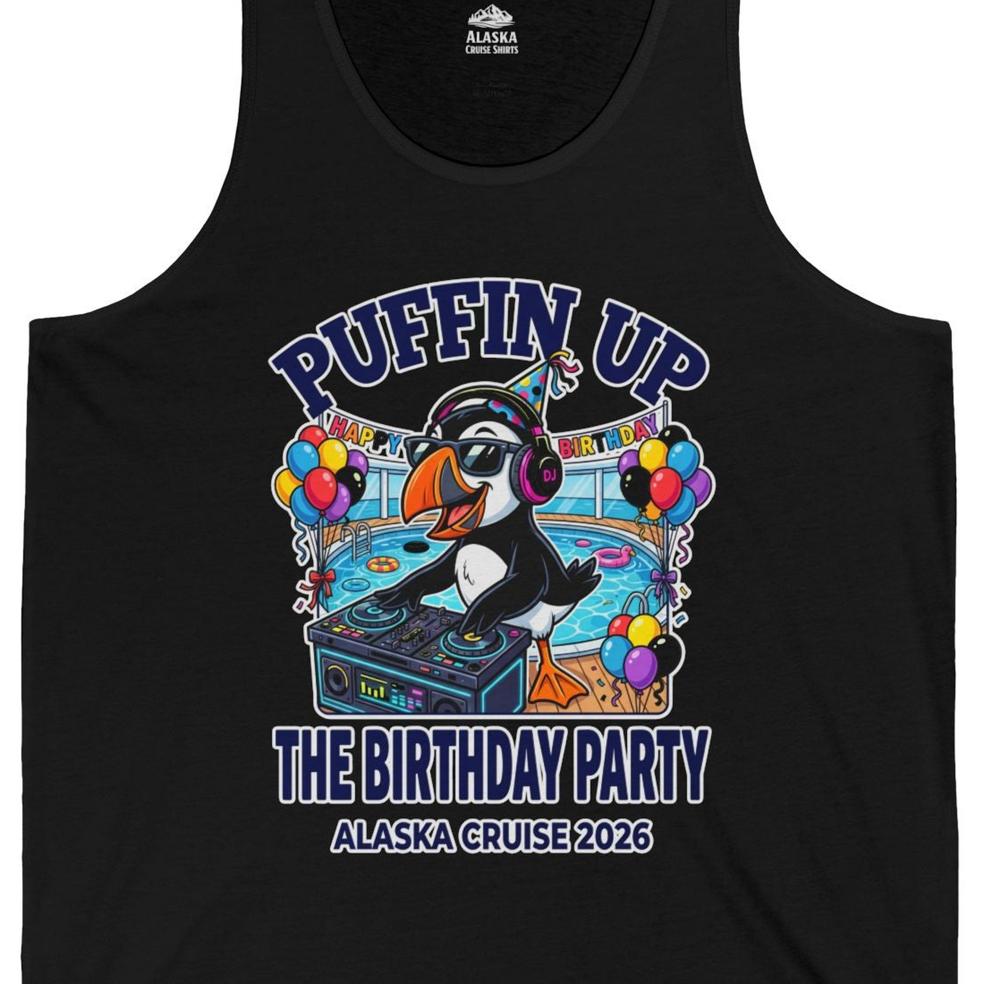 Funny Puffin DJ Birthday Party Alaska Cruise 2026 Shirt — Tank Top Tank Top – Black – Alaska Cruise Shirts Close Up