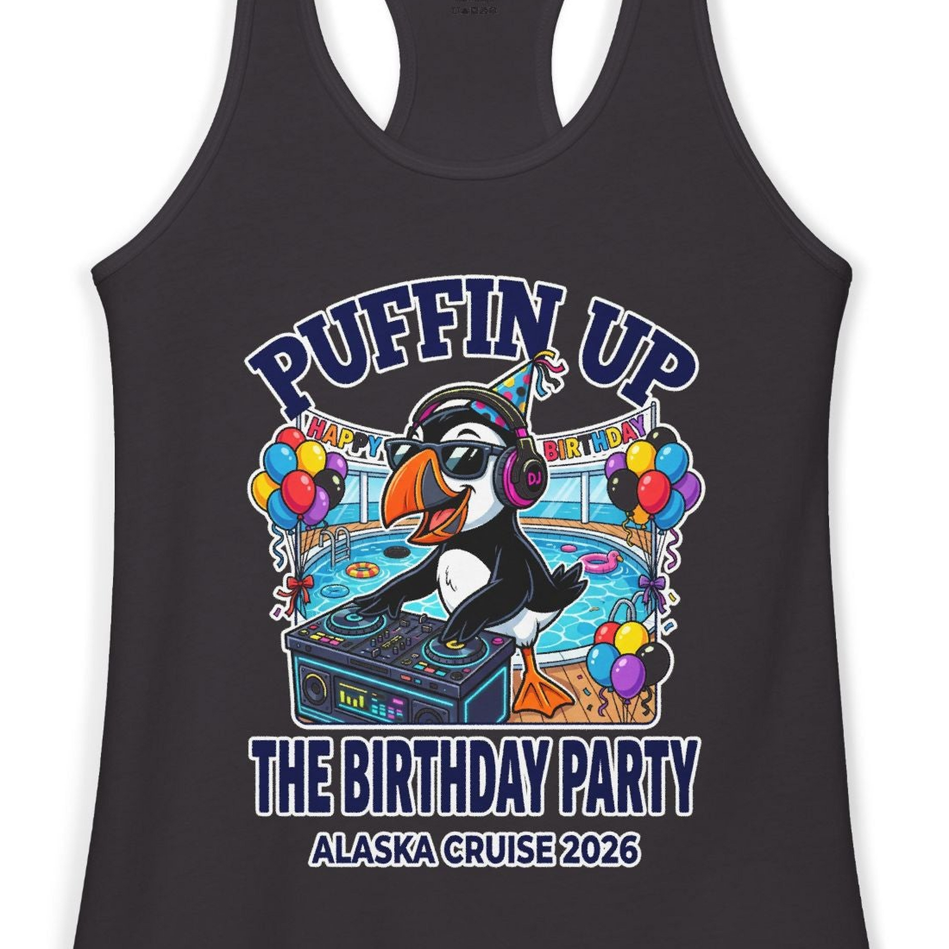 Funny Puffin DJ Birthday Party Alaska Cruise 2026 Shirt — Ladies Tank Tank Top – Black – Alaska Cruise Shirts Close Up