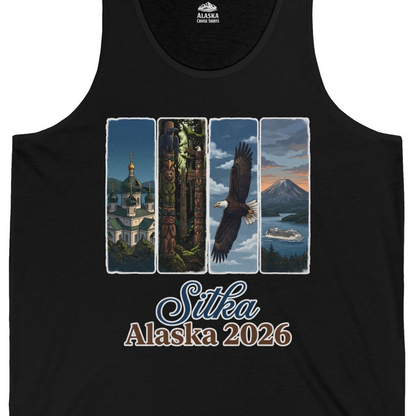 Sitka Alaska 2026 Cruise and Wildlife Souvenir Graphic Shirt — Tank Top Tank Top – Black – Alaska Cruise Shirts Close Up