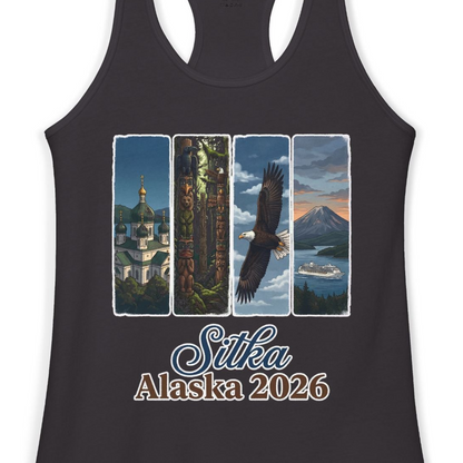 Sitka Alaska 2026 Cruise and Wildlife Souvenir Graphic Shirt — Ladies Tank Tank Top – Black – Alaska Cruise Shirts Close Up