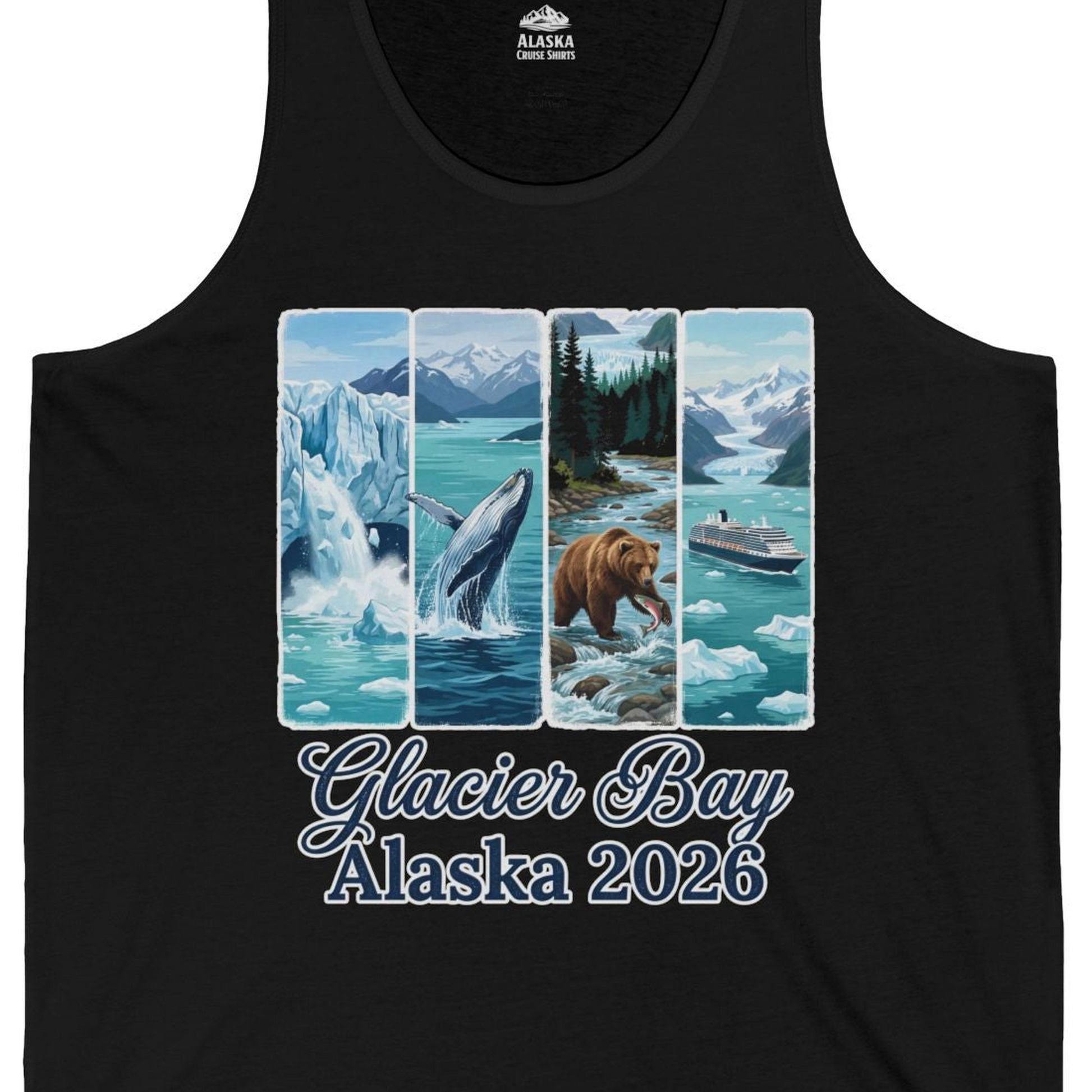 Glacier Bay Alaska 2026 Cruise Nature Wildlife Adventure Shirt — Tank Top Tank Top – Black – Alaska Cruise Shirts Close Up