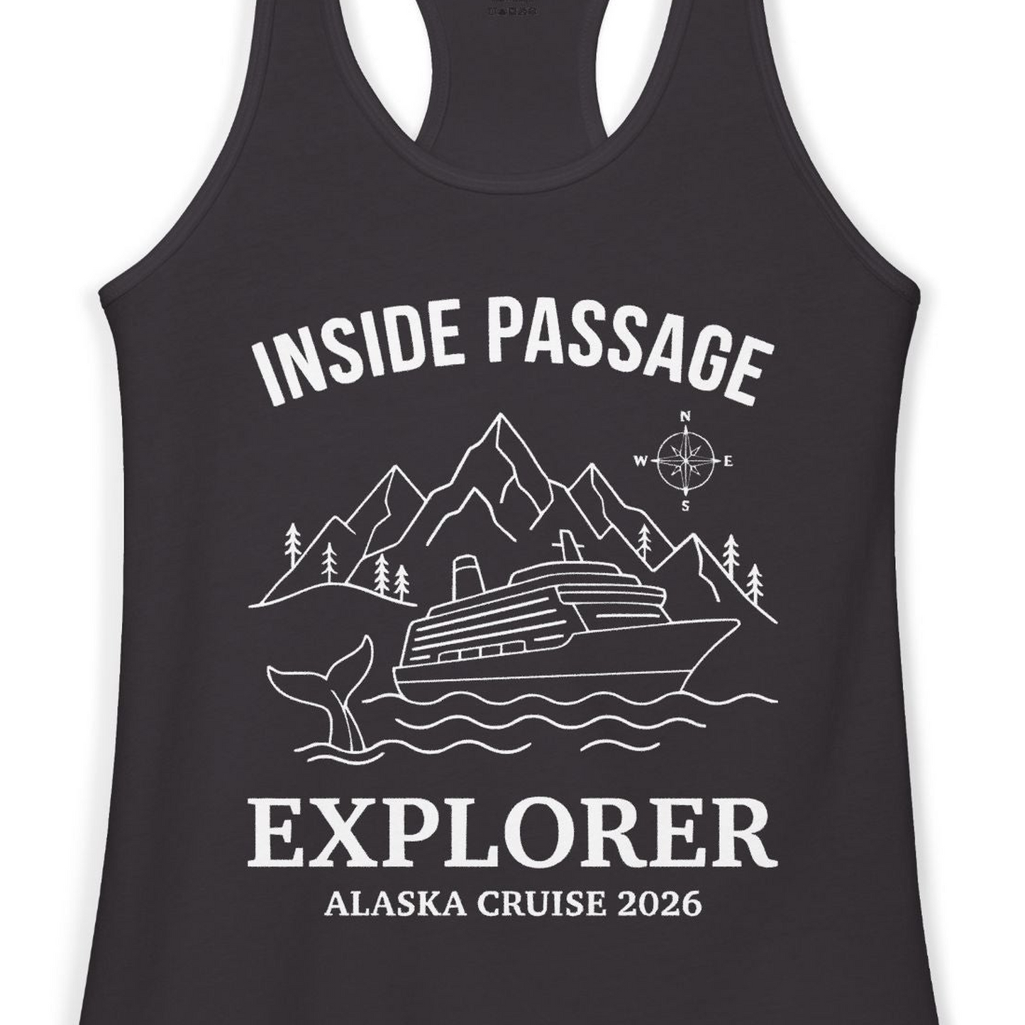 Inside Passage Explorer Alaska Cruise Adventure 2026 Shirt — Ladies Tank Tank Top – Black – Alaska Cruise Shirts Close Up