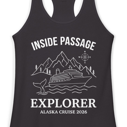 Inside Passage Explorer Alaska Cruise Adventure 2026 Shirt — Ladies Tank Tank Top – Black – Alaska Cruise Shirts Close Up