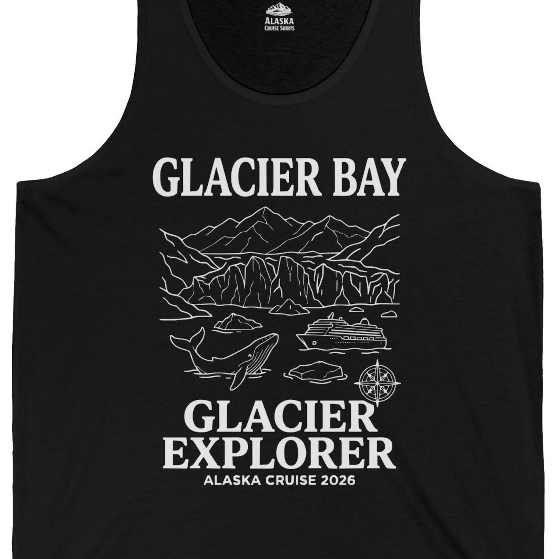 Glacier Bay Alaska Cruise 2026 Glacier Explorer Souvenir Shirt — Tank Top Tank Top – Black – Alaska Cruise Shirts Close Up