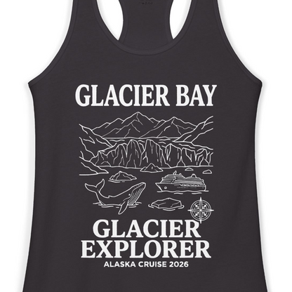 Glacier Bay Alaska Cruise 2026 Glacier Explorer Souvenir Shirt — Ladies Tank Tank Top – Black – Alaska Cruise Shirts Close Up