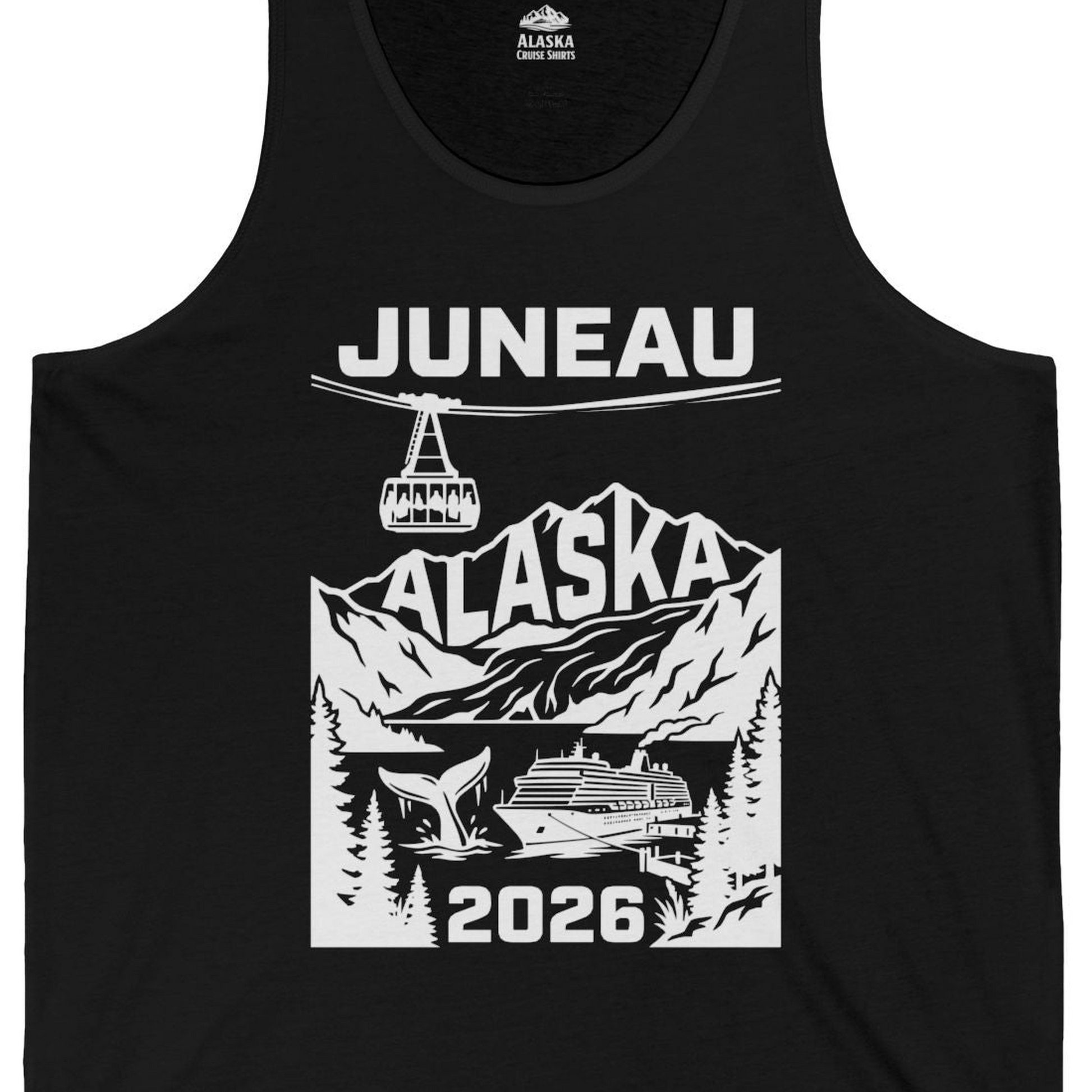 Juneau Alaska Cruise 2026 Scenic Whale and Cable Car Shirt — Tank Top Tank Top – Black – Alaska Cruise Shirts Close Up
