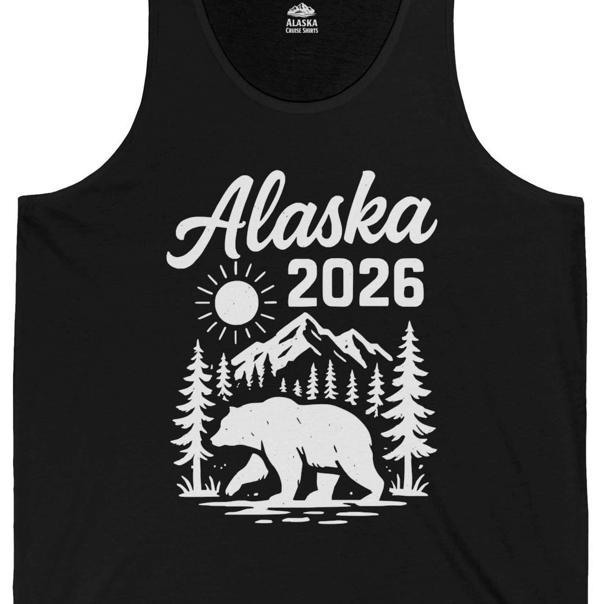 Alaska 2026 Bear and Mountains Nature Adventure Shirt — Tank Top Tank Top – Black – Alaska Cruise Shirts Close Up