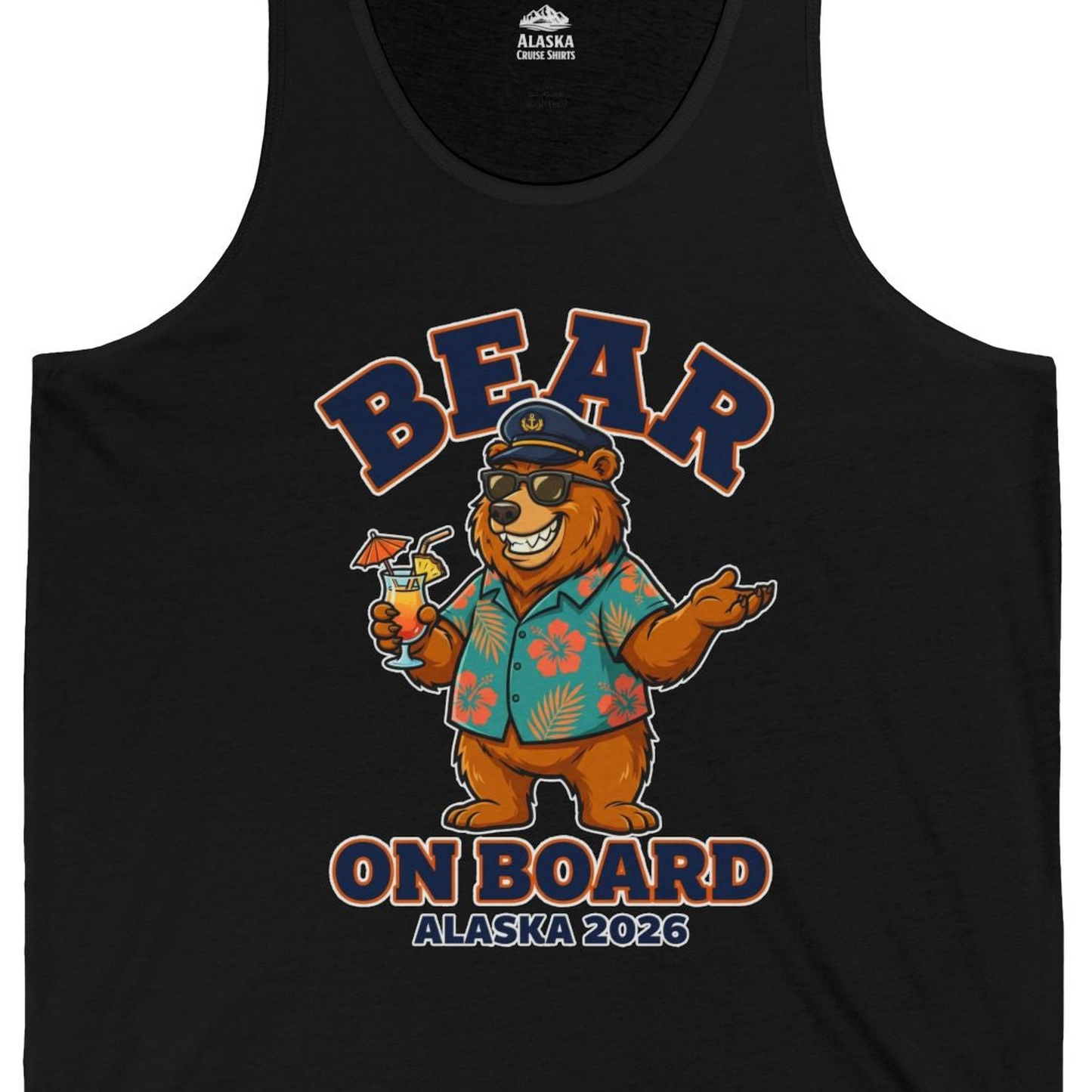 Bear On Board Alaska 2026 Funny Tropical Cruise T-Shirt — Tank Top Tank Top – Black – Alaska Cruise Shirts Close Up