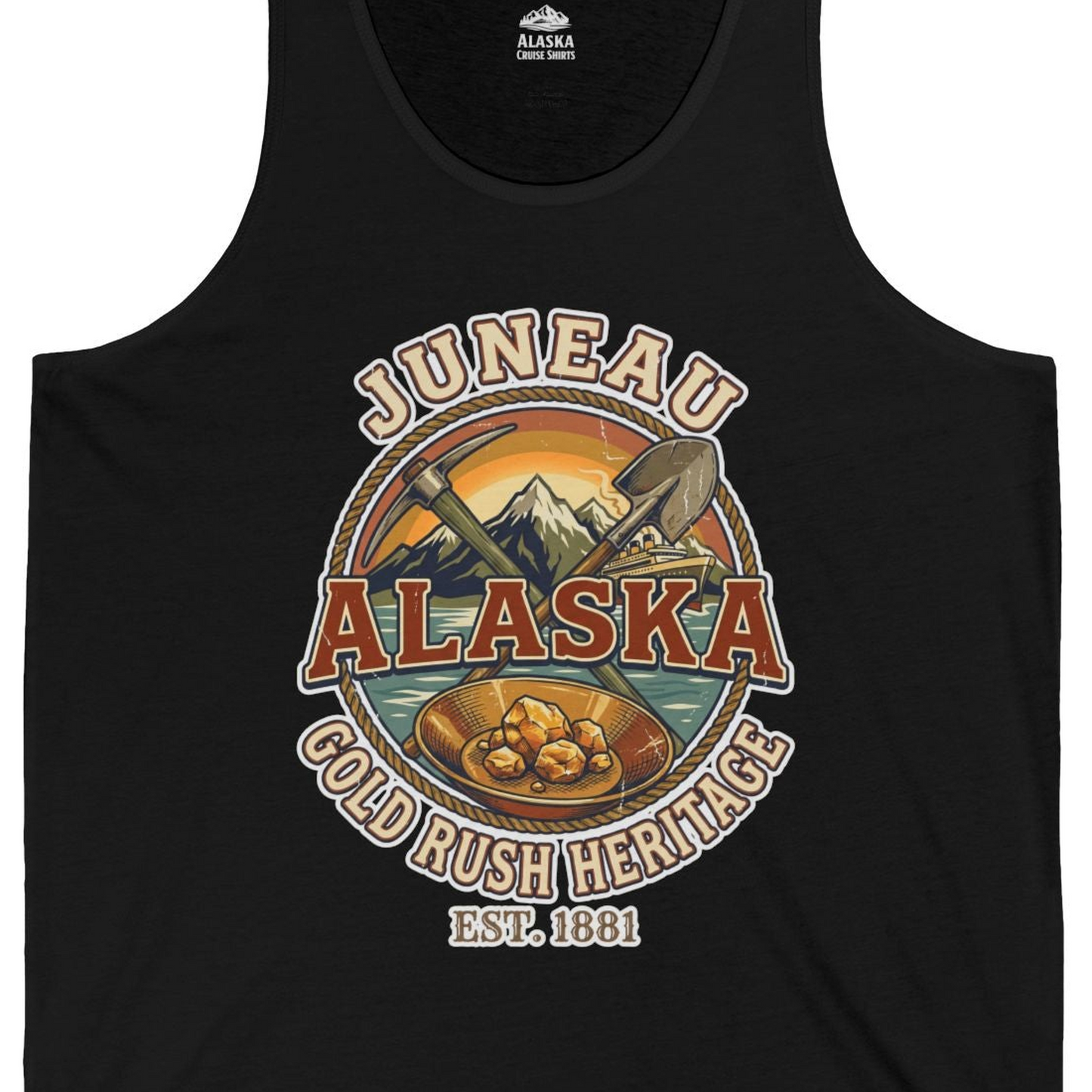 Juneau Alaska Gold Rush Heritage Vintage Travel T-Shirt — Tank Top Tank Top – Black – Alaska Cruise Shirts Close Up