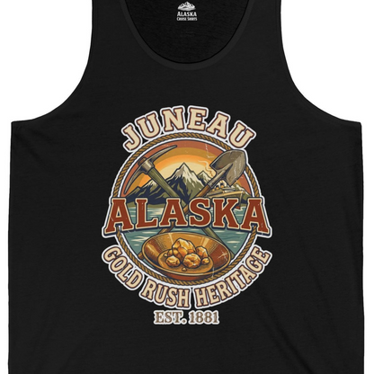 Juneau Alaska Gold Rush Heritage Vintage Travel T-Shirt — Tank Top Tank Top – Black – Alaska Cruise Shirts Close Up