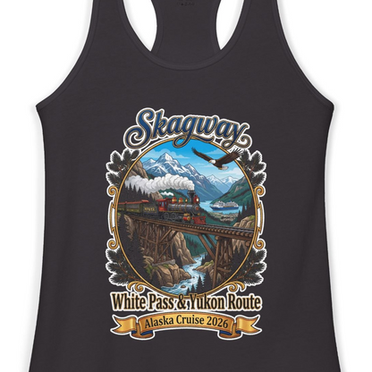 Skagway Alaska Cruise Shirt White Pass Yukon Route 2026 Souvenir — Ladies Tank Tank Top – Black – Alaska Cruise Shirts Close Up