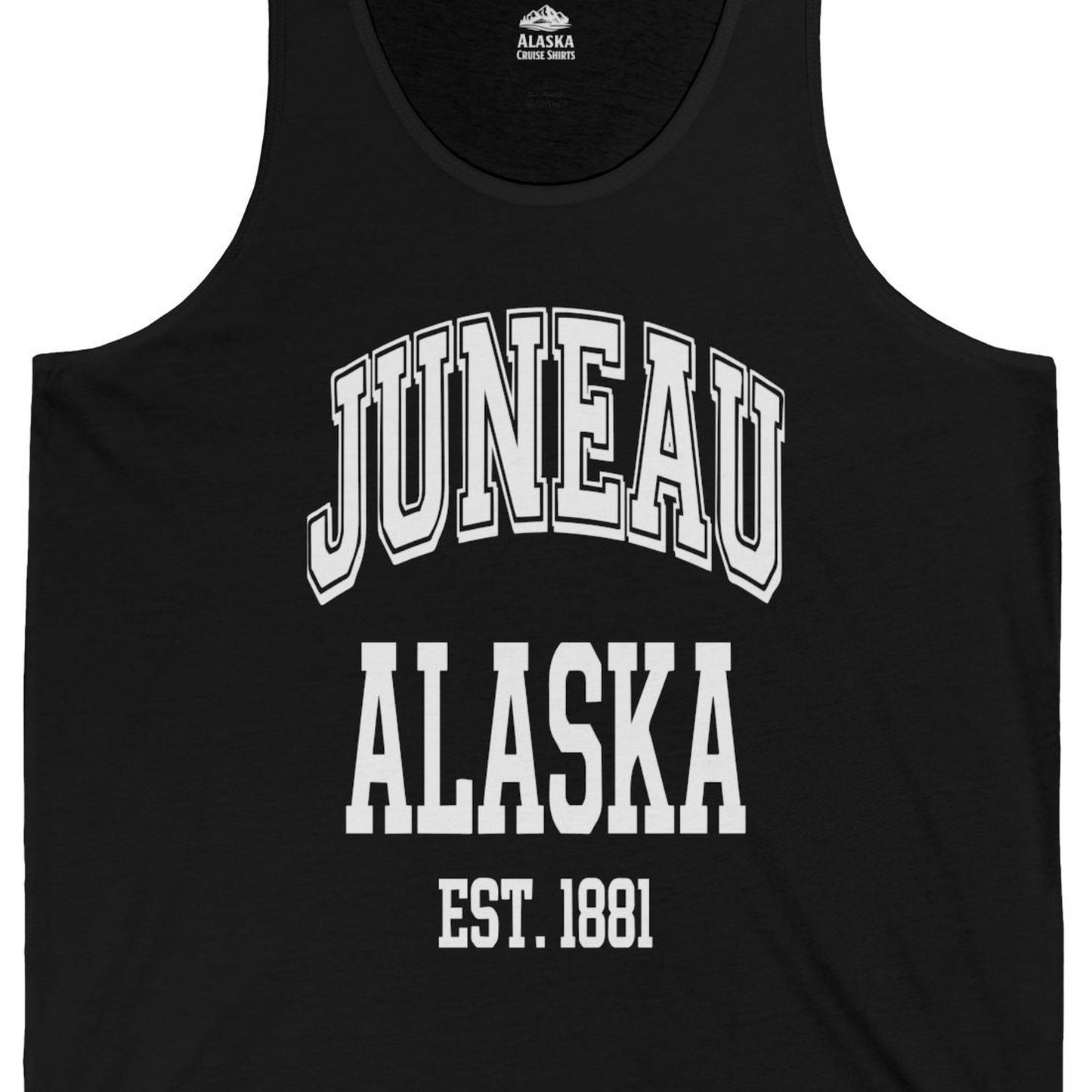 Juneau Alaska Est 1881 Classic Collegiate Souvenir Shirt — Tank Top Tank Top – Black – Alaska Cruise Shirts Close Up