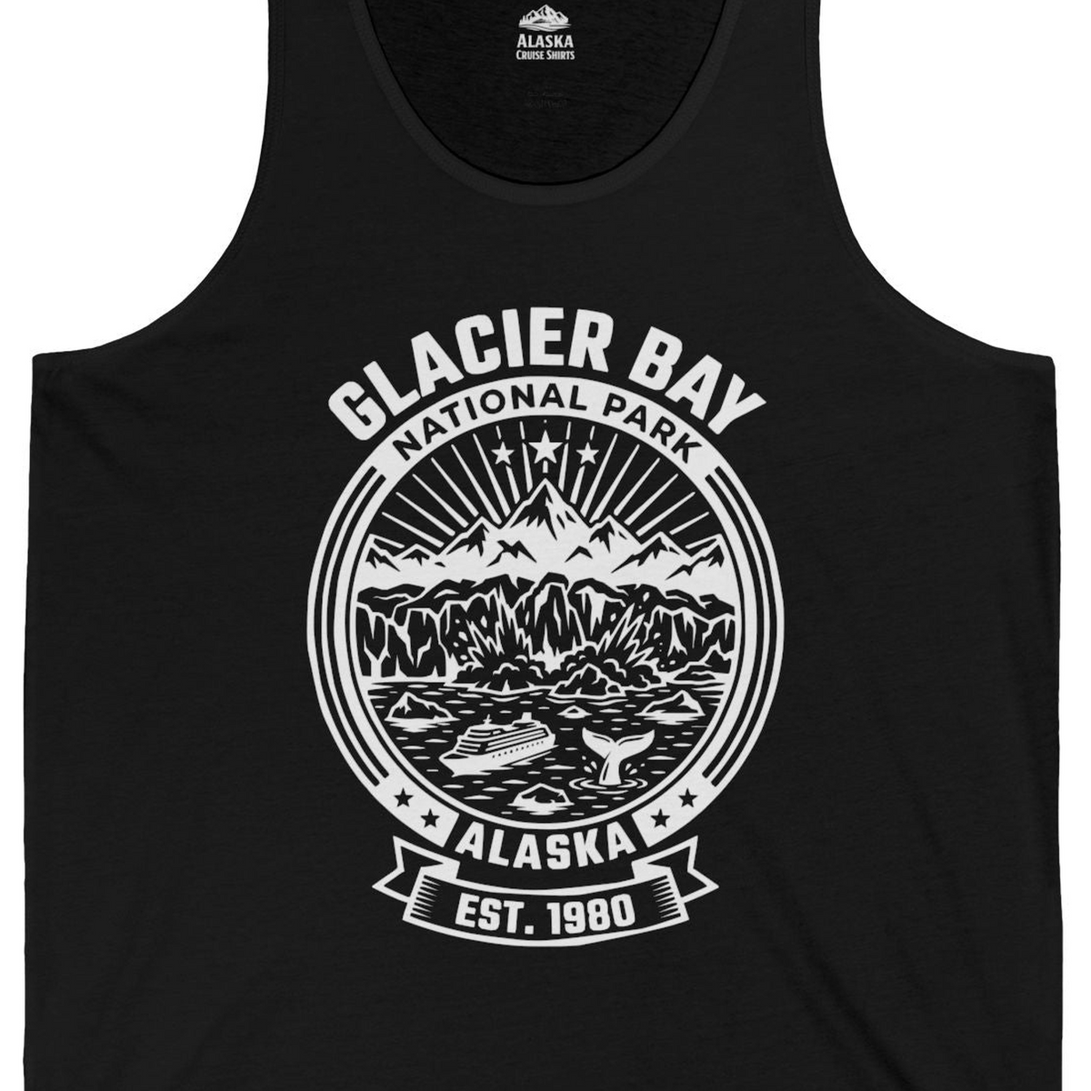 Glacier Bay Alaska National Park Adventure Shirt for Travelers — Tank Top Tank Top – Black – Alaska Cruise Shirts Close Up