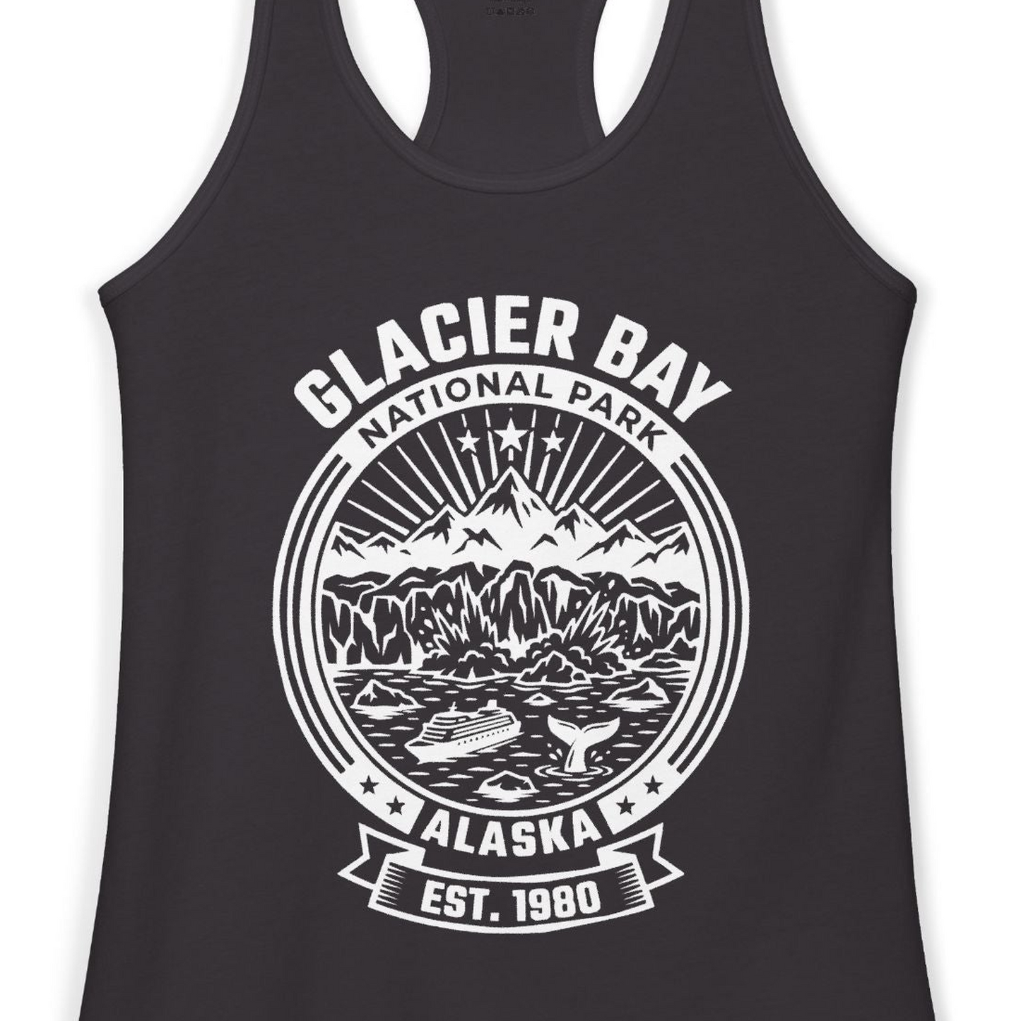 Glacier Bay Alaska National Park Adventure Shirt for Travelers — Ladies Tank Tank Top – Black – Alaska Cruise Shirts Close Up