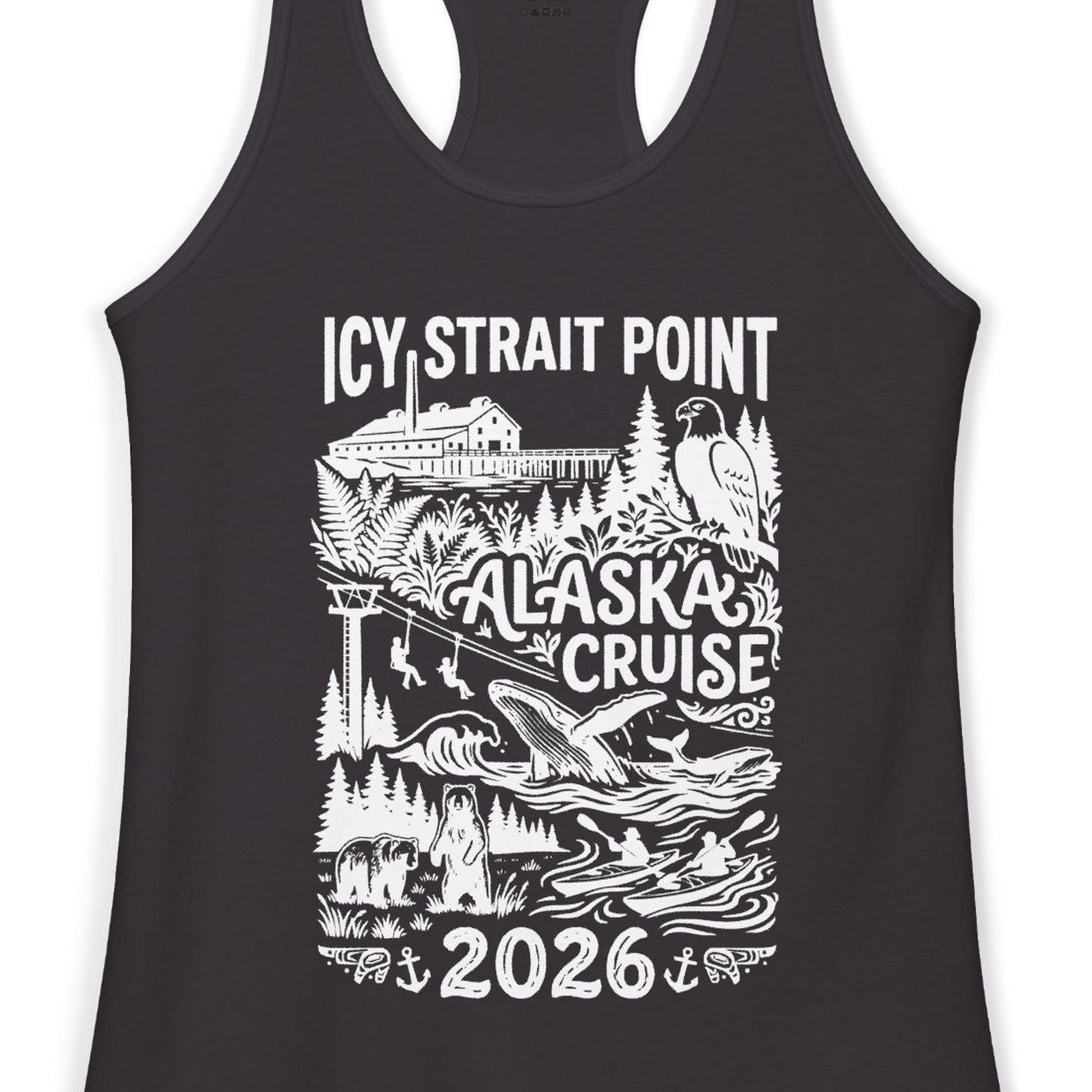 Icy Strait Point Alaska Cruise 2026 Wildlife Adventure Shirt — Ladies Tank Tank Top – Black – Alaska Cruise Shirts Close Up