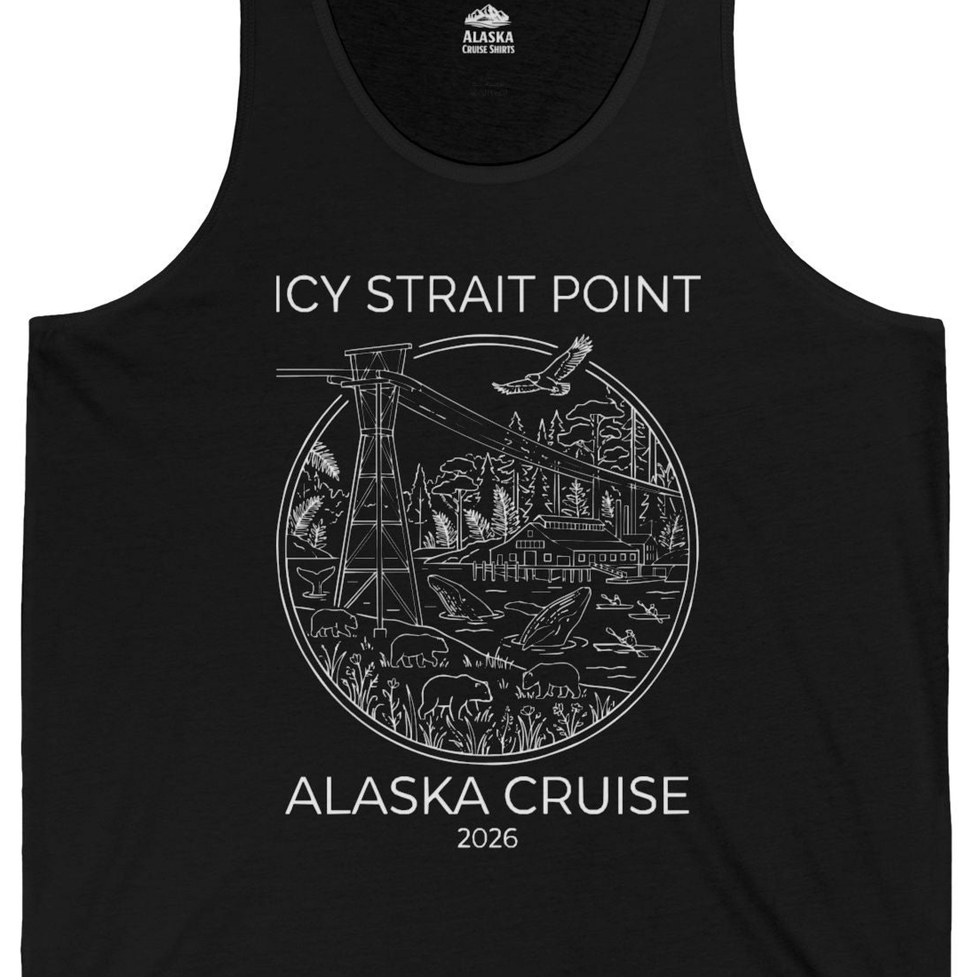 Icy Strait Point Alaska Cruise 2026 Nature Adventure T-Shirt — Tank Top Tank Top – Black – Alaska Cruise Shirts Close Up