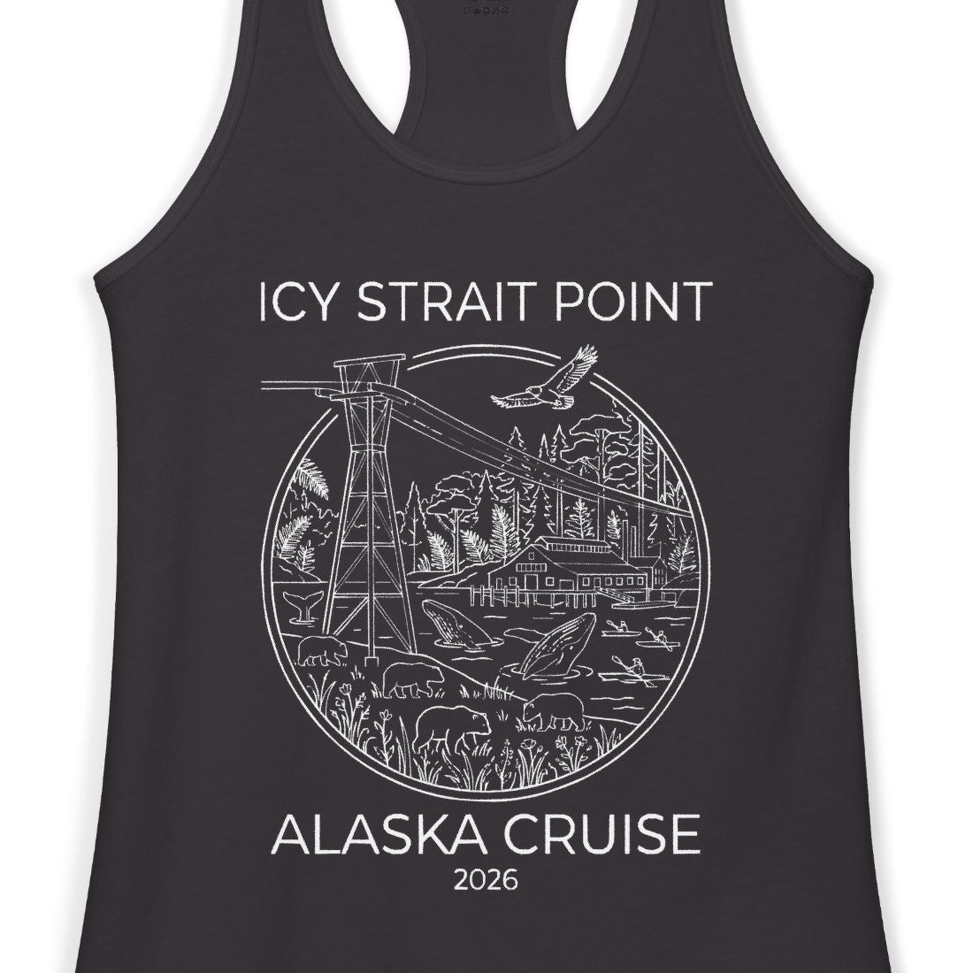 Icy Strait Point Alaska Cruise 2026 Nature Adventure T-Shirt — Ladies Tank Tank Top – Black – Alaska Cruise Shirts Close Up